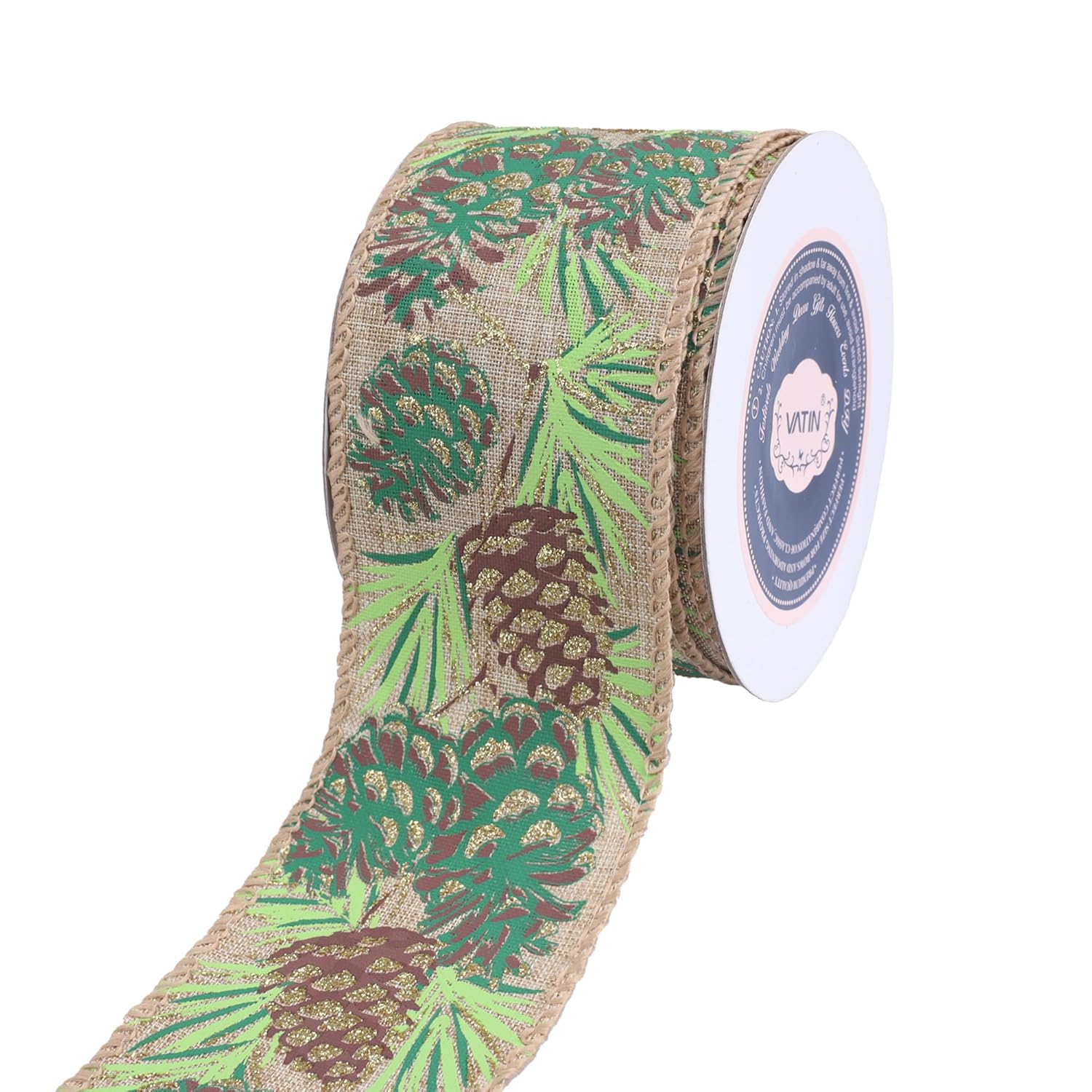 Pine Cones On Burlap Christmas Wired Ribbon, 2.5" X10 Yd Spool For Tree Topper, Wreath, Gifts & Decor