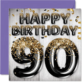 90Th Birthday Card For Men - Black & Gold Glitter Balloons - Happy Birthday Cards For 90 Year Old Man Dad Papa Pop Pops Great Grandpa Gran, 5.7 X 5.7 Inch Ninety Ninetieth Greeting Cards Gift