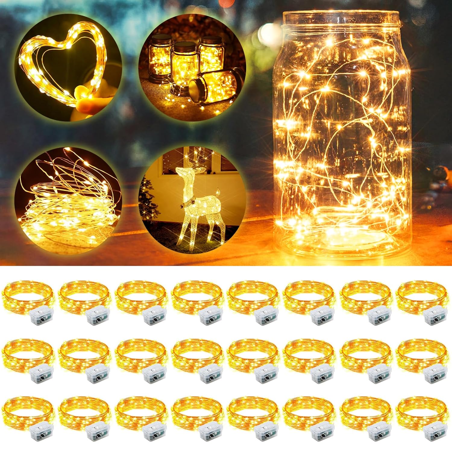 24 Pack Fairy Lights 3 Modes 7Ft 20 Led Waterproof,Battery Operated Silver Wire Firefly Starry Moon Mini String Lights F