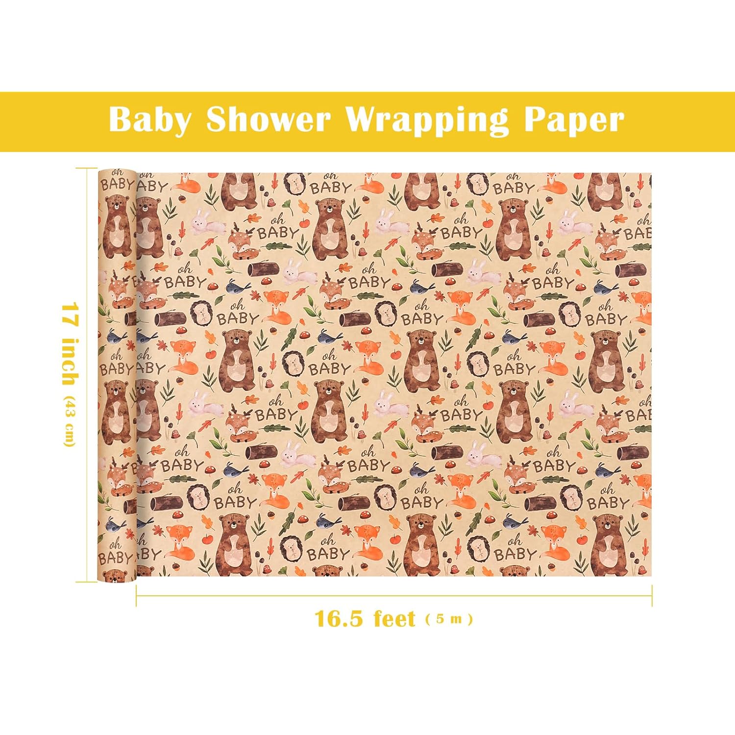 Kraft Jungle Baby Shower Wrapping Paper Roll - Mini Roll - 17 Inch X 16.5 Feet - Oh Baby And Little Woodland Animal Wrapping Paper For Baby Shower, Kids Girls Boys Birthday