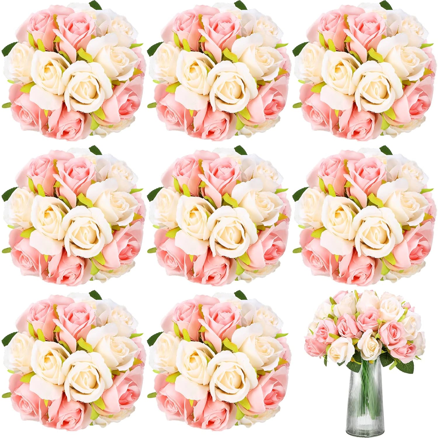 96 Heads 8 Bouquets Artificial Rose Flowers Bouquet Flower Roses With Stems Fake Roses Wedding Floral Arrangements Centerpiece For Home Table Bridal Party Decor, Champagne And Pink