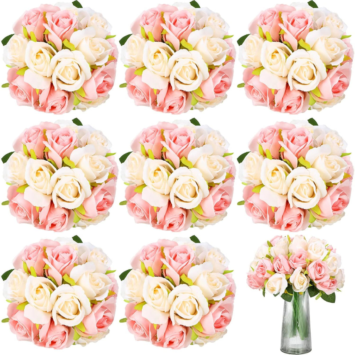 96 Heads 8 Bouquets Artificial Rose Flowers Bouquet Flower Roses With Stems Fake Roses Wedding Floral Arrangements Centerpiece For Home Table Bridal Party Decor, Champagne And Pink