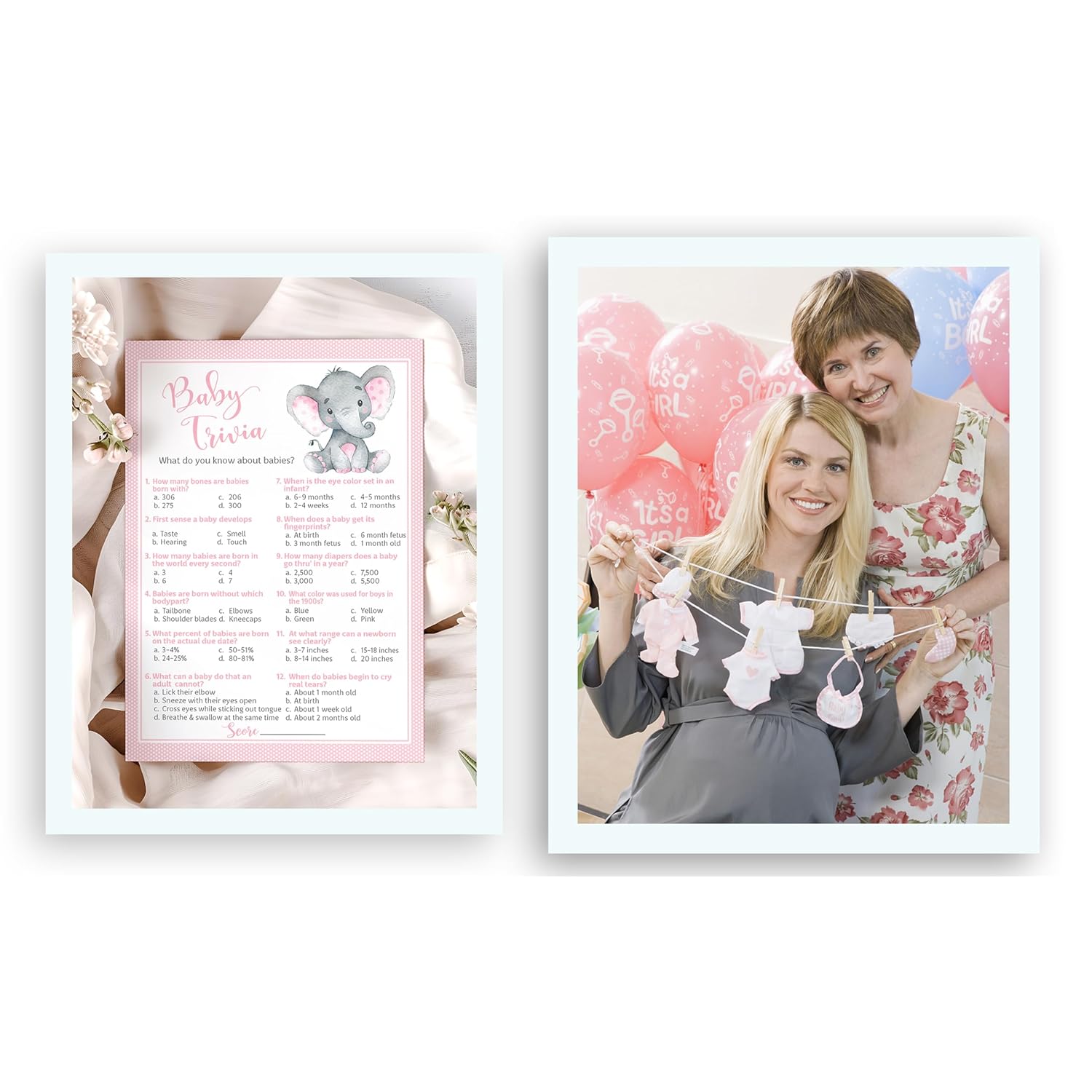 Pink Elephant Baby Shower Games — Baby Trivia Game — Pack Of 25 — Fun Facts Girl Shower Activity, Pink Baby Elephant Little Peanut Theme Couples Coed Shower, Gender Reveal Party G500-Trv