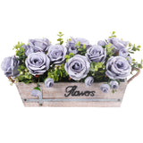 Centerpiece Table Decorations Rustic Wood Tray With 3 Artificial Dusty Blue Rose Flowers And Fake Eucalyptus For Dining Room Farmhouse Living Room Kitchen And Coffee Table Décor