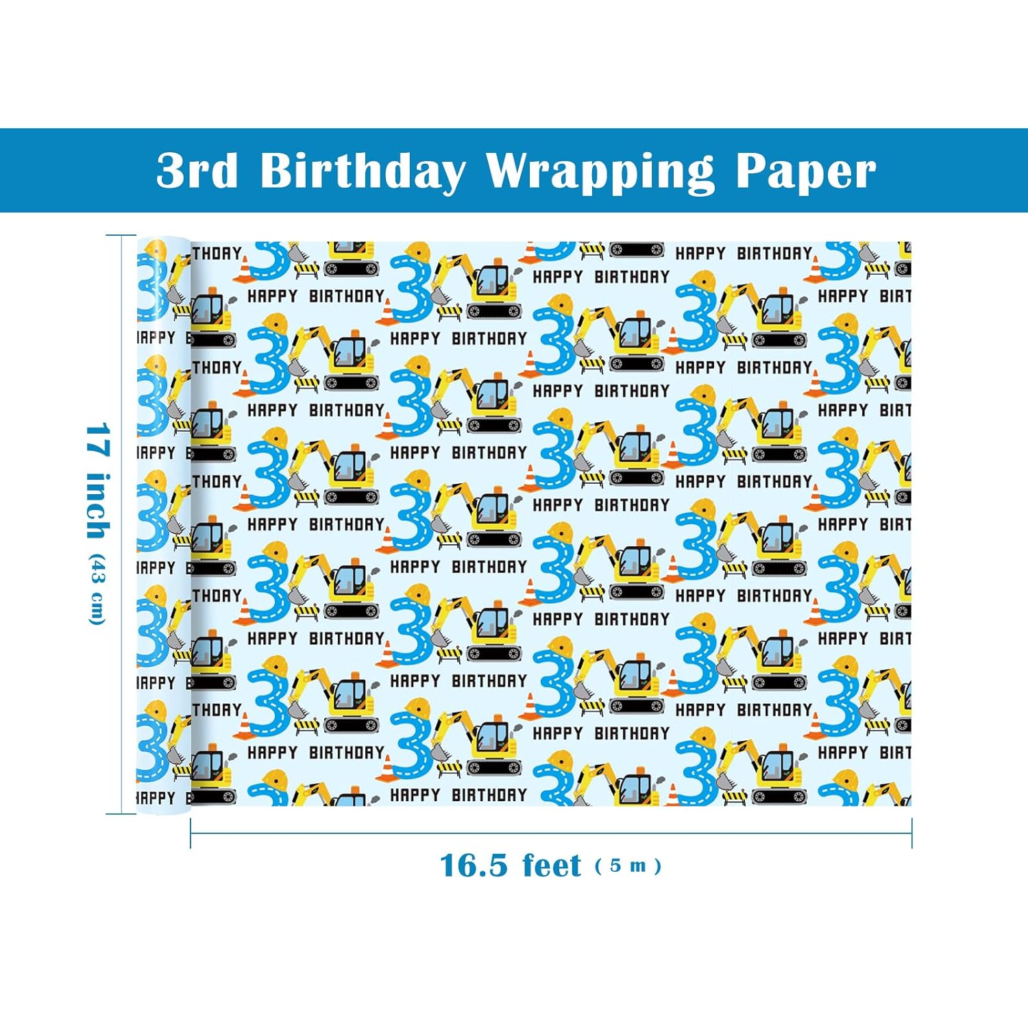 3Rd Birthday Wrapping Paper Roll - Mini Roll - 17 Inch X 16.5 Feet - Adorable Digger Construction Wrapping Paper Perfect For Kids Boys Birthday, Baby Shower
