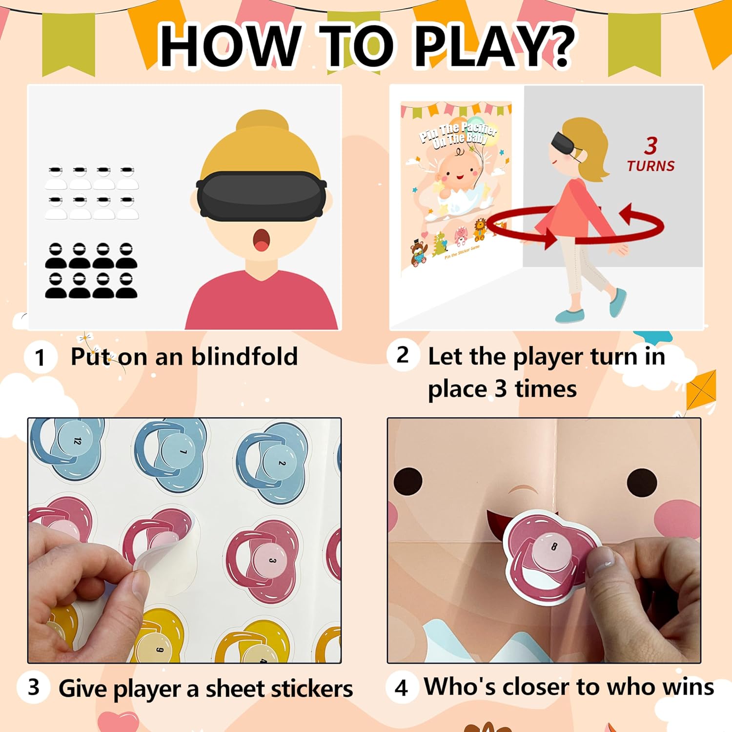 Baby Shower Games Party Favors, Pin The Pacifier On The Baby Games, Babyshower Favors Birthday Party Supplies For Girl Boy - 48 Guests