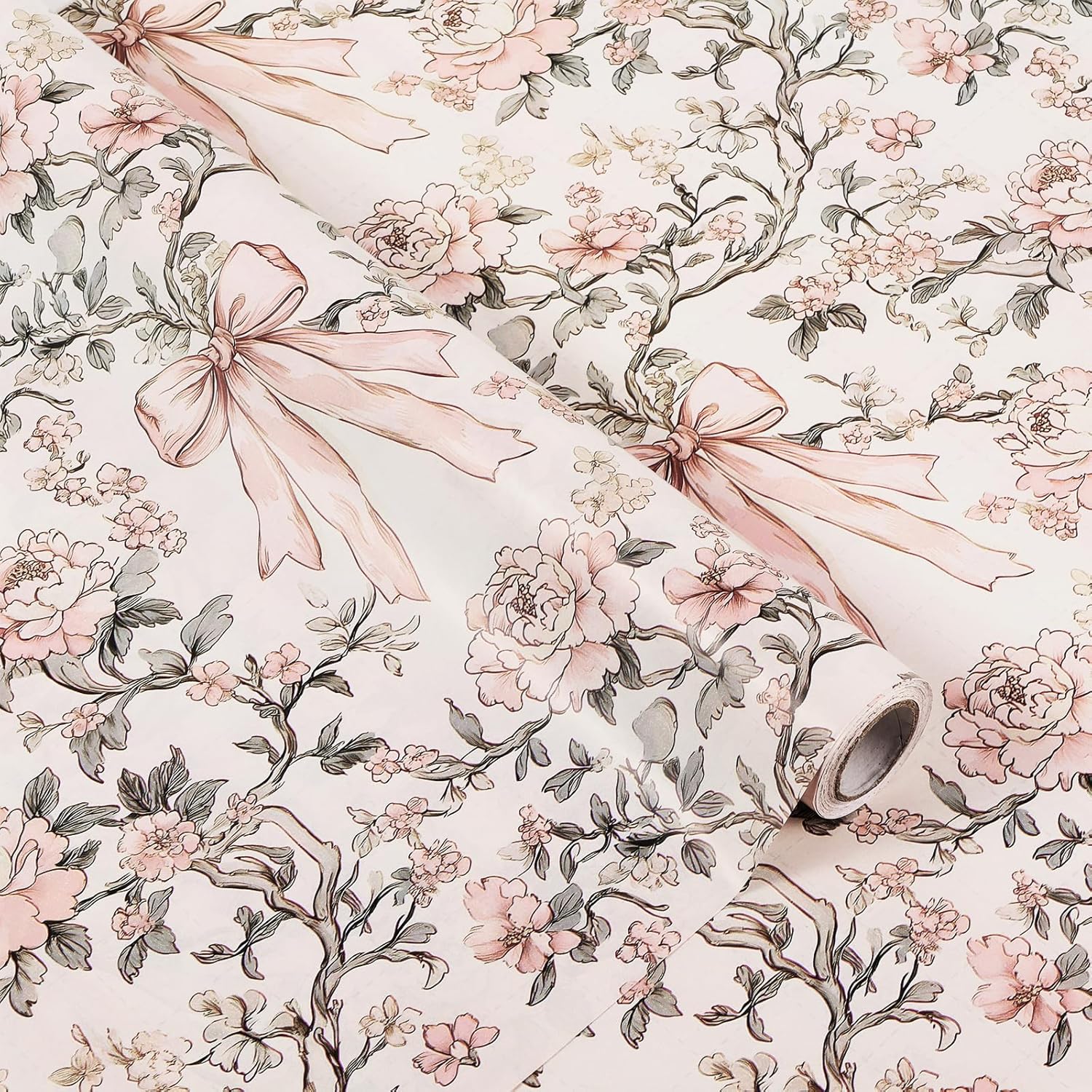 1 Roll Pink Bow And Flower Wrapping Paper Mini Roll - 17 In X 33 Ft - Coquette Vintage Floral Pink Bows Gift Wrap Paper For Valentine Birthday Wedding Baby Shower Engagement Bridal Shower