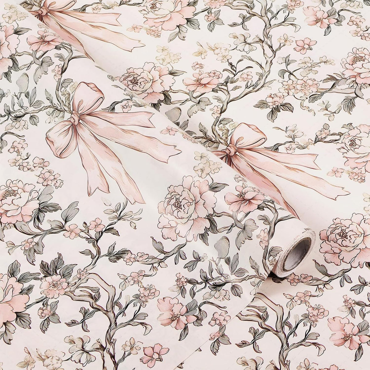 1 Roll Pink Bow And Flower Wrapping Paper Mini Roll - 17 In X 33 Ft - Coquette Vintage Floral Pink Bows Gift Wrap Paper For Valentine Birthday Wedding Baby Shower Engagement Bridal Shower