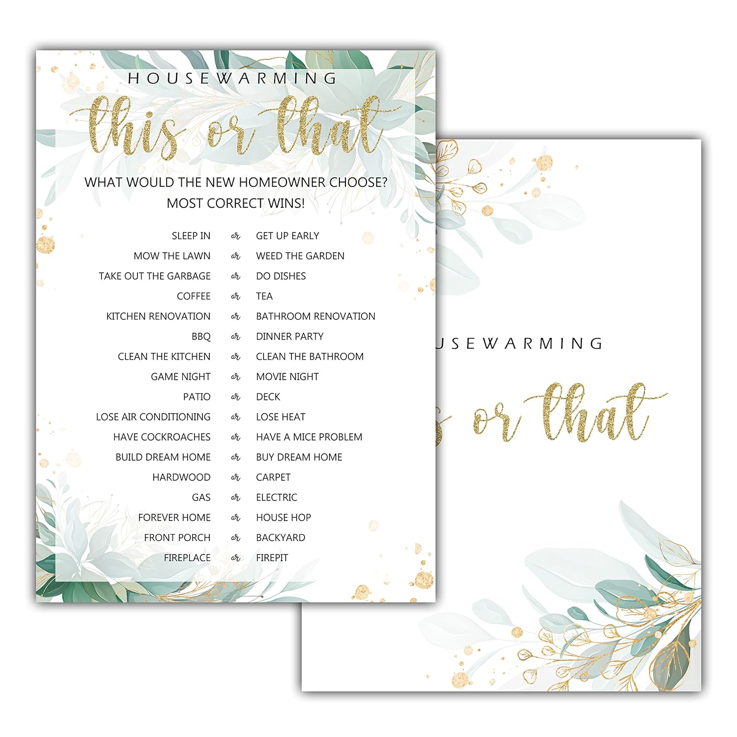 Housewarming Party Games, This Or That, Greenery Floral Golded New Home, New House, New Homeowner Party Games Cards, 30 Sheets Each Pack