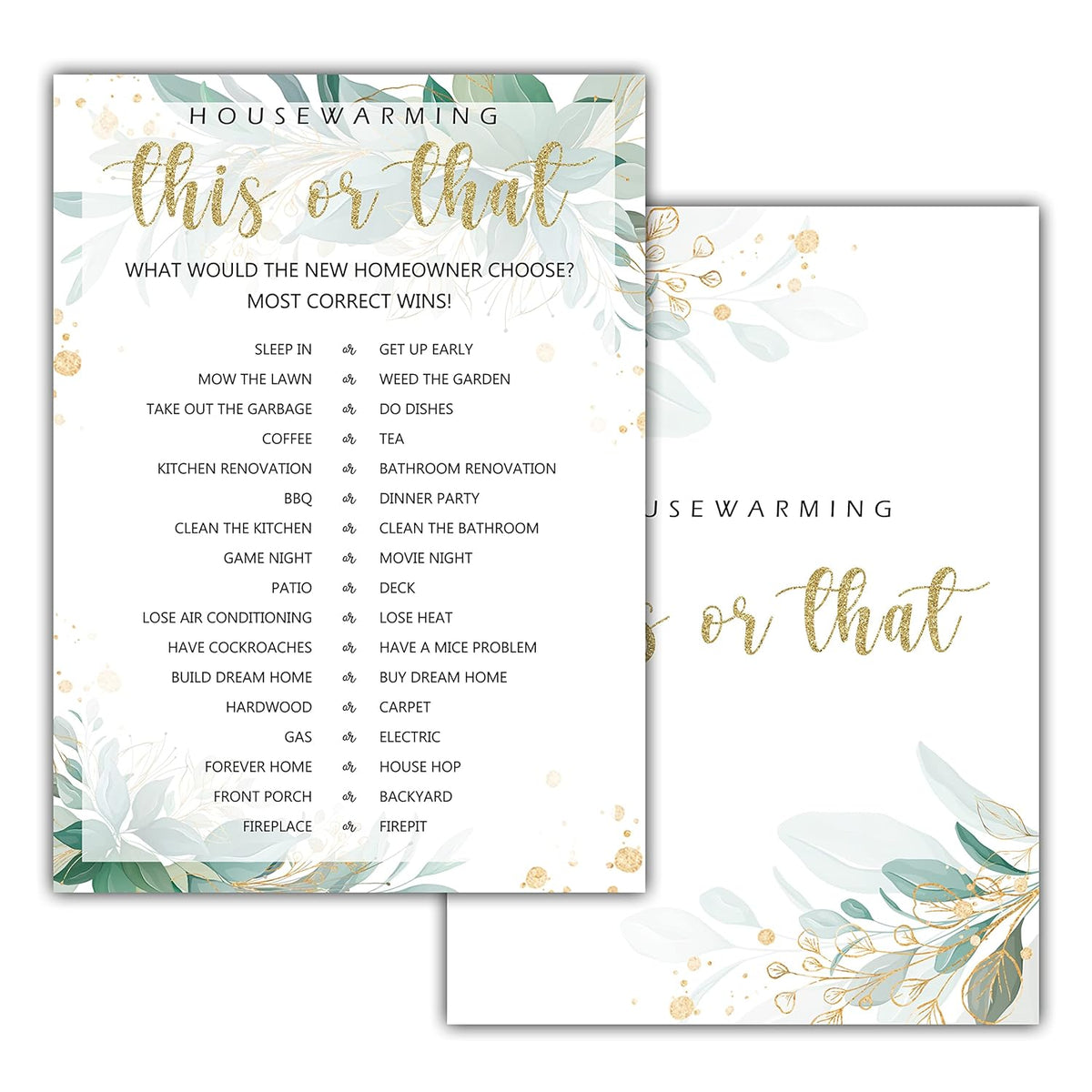 Housewarming Party Games, This Or That, Greenery Floral Golded New Home, New House, New Homeowner Party Games Cards, 30 Sheets Each Pack