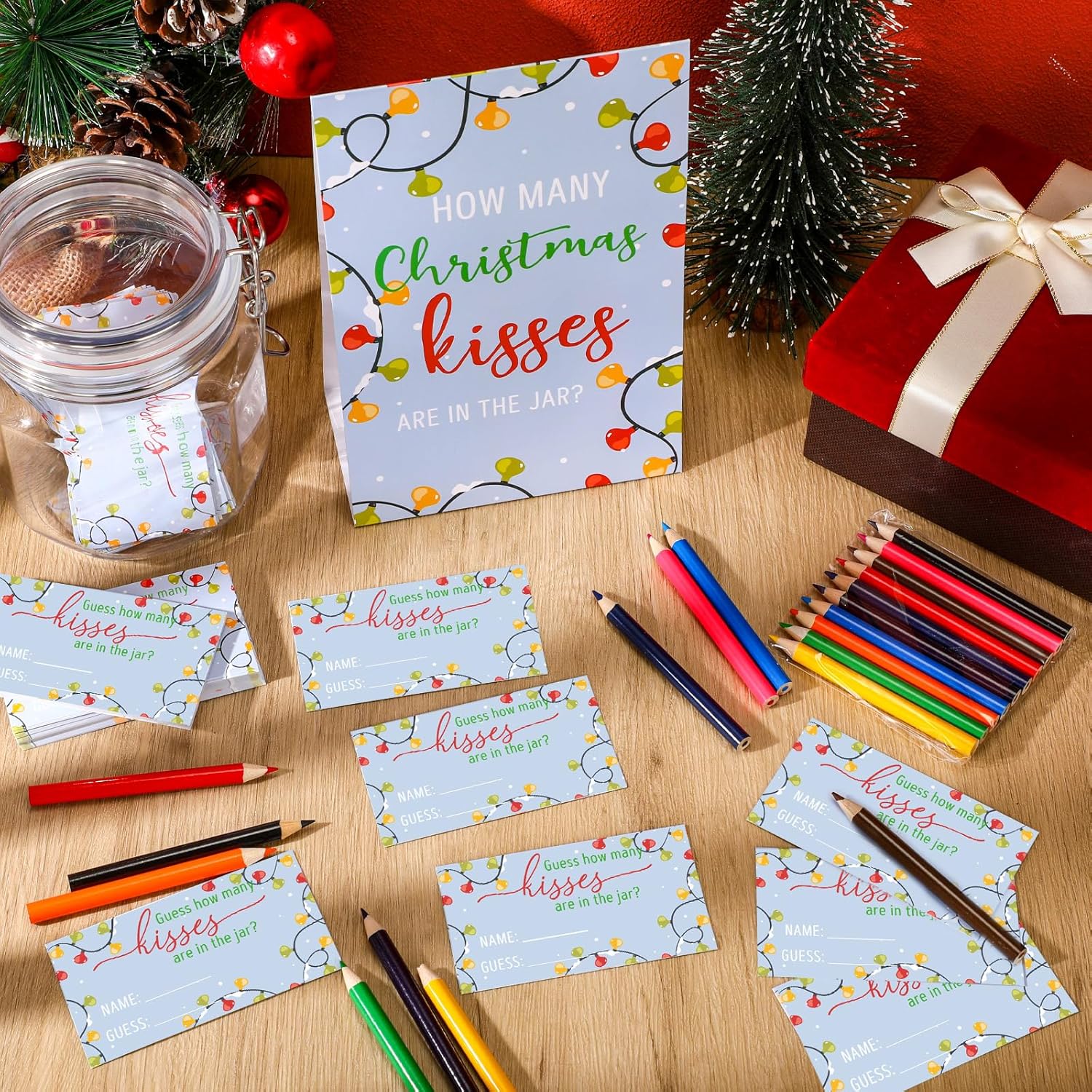 Christmas Guess How Many Kisses Games Include 1 How Many Kisses Standing Sign 100 Guessing Cards 20 Coloring Pencil 1 Candy Jar Christmas Charades Games For Family Baby Shower Holiday Party