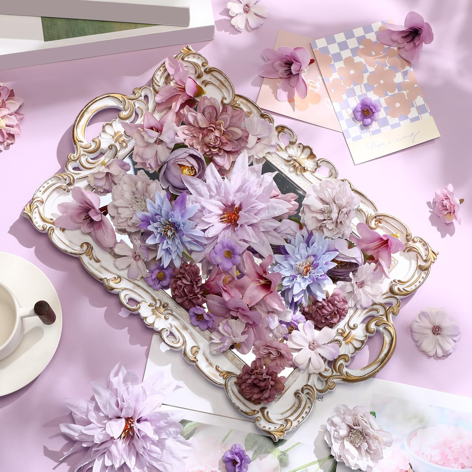 80 Pcs Assorted Fake Flower Heads Mini Artificial Flower Heads Bulk Silk Faux Daisy For Crafts Fake Peony Rose For Wedding Party Wreath Home Decoration(Purple)
