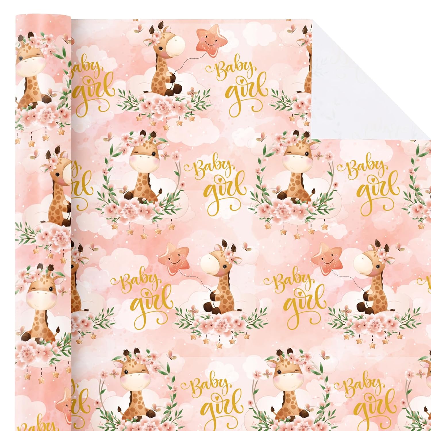 Baby Girl Wrapping Paper Roll - Mini Roll - 17 Inch X 9.8 Feet - Cute Giraffe And Baby Girl Lettering Design, Perfect For Baby Shower, Party, Holiday