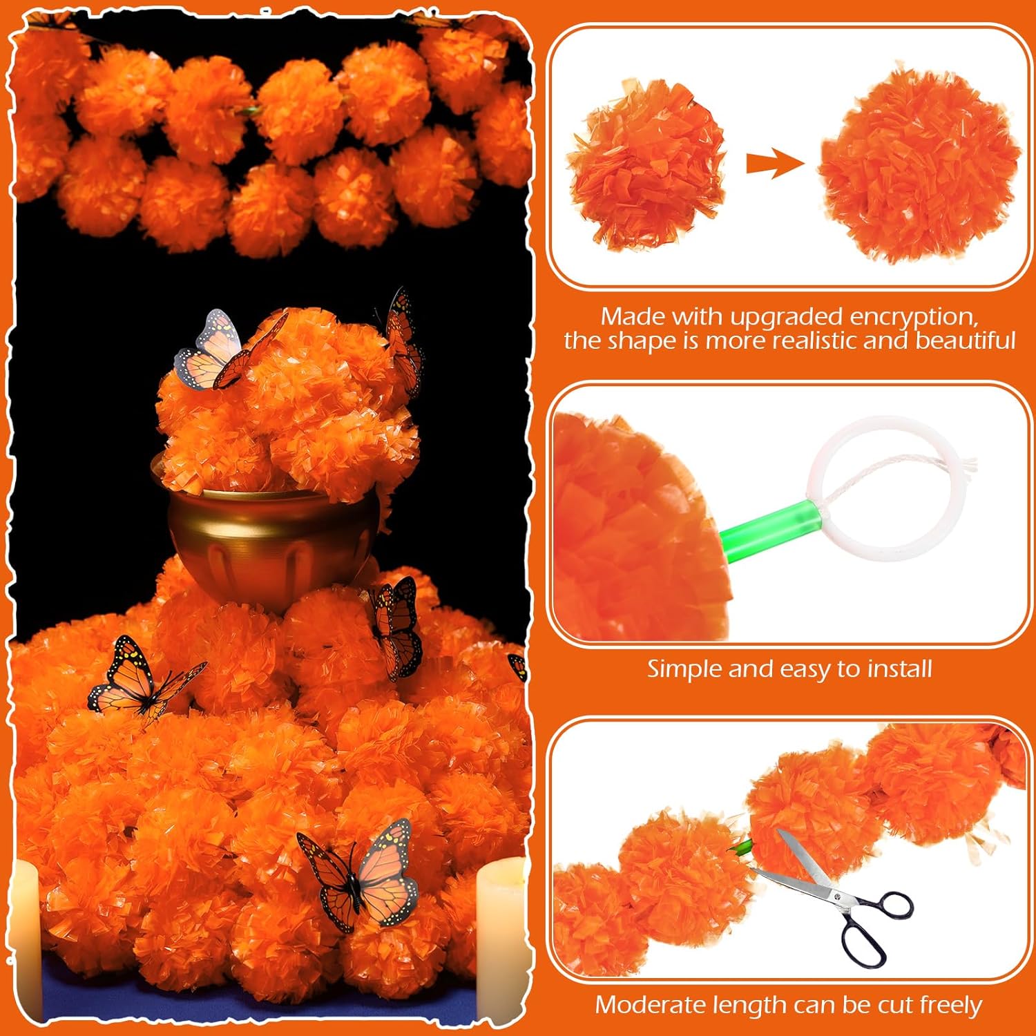 40 Pieces 5 Ft Day Of The Dead Marigold Garland Set Including 10 Pcs Long Orange Artificial Marigold Flowers And 30 Pcs Fake Butterfly Day Of The Dead Decorations For Wedding Party Decor
