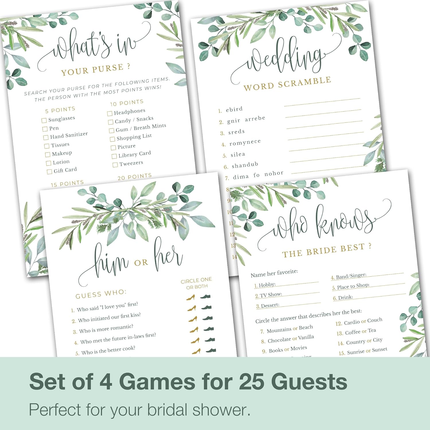 Bridal Shower Games - Wedding Shower Games - 4 Games For 25 Guests - Double Sided Cards - Eucalyptus