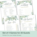 Bridal Shower Games - Wedding Shower Games - 4 Games For 25 Guests - Double Sided Cards - Eucalyptus