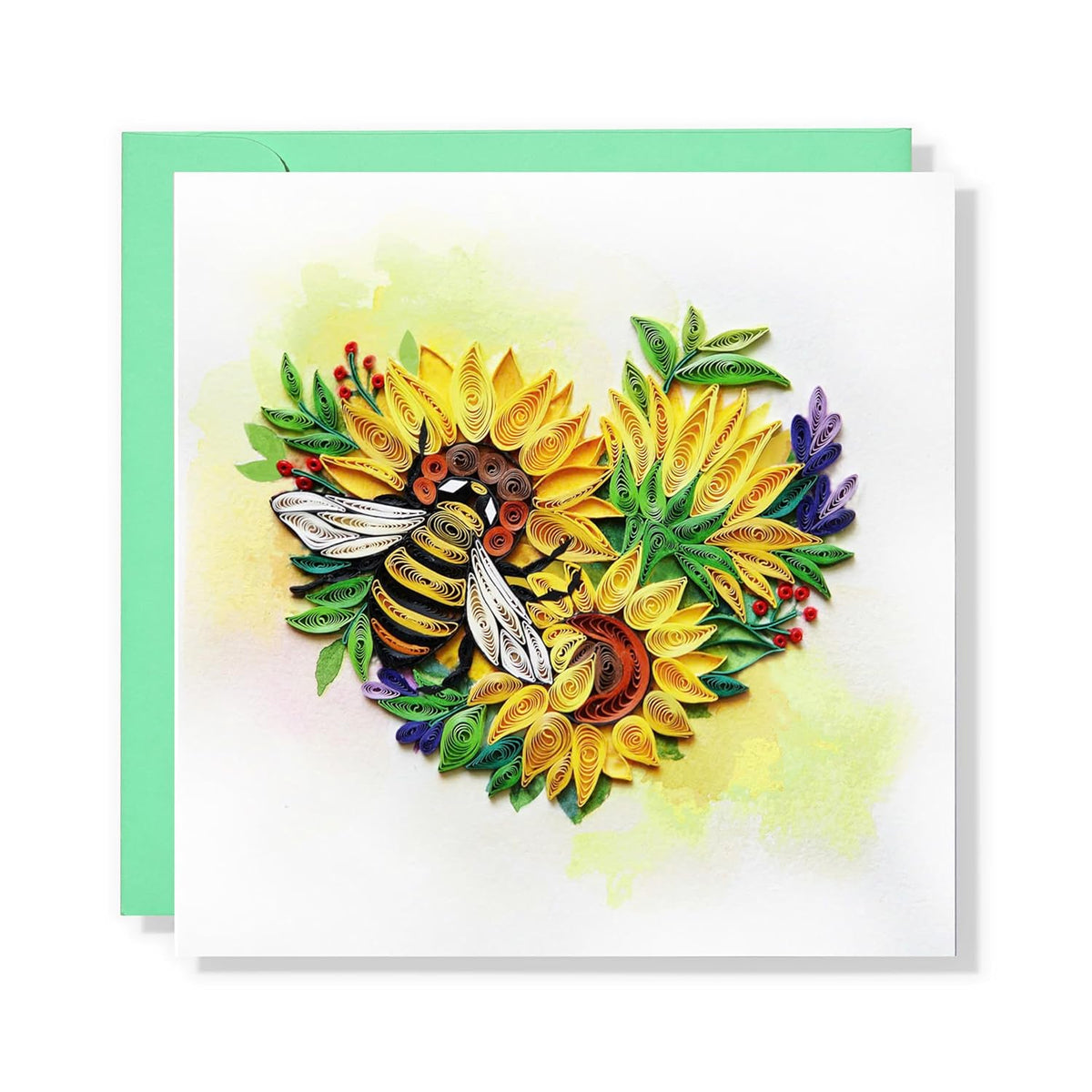 Sunflower Heart With Bee Card, Quilling Cards For All Occasions, Birthday, Mothers Day, Anniversary, Watercolor Classy Card For Women, Mom