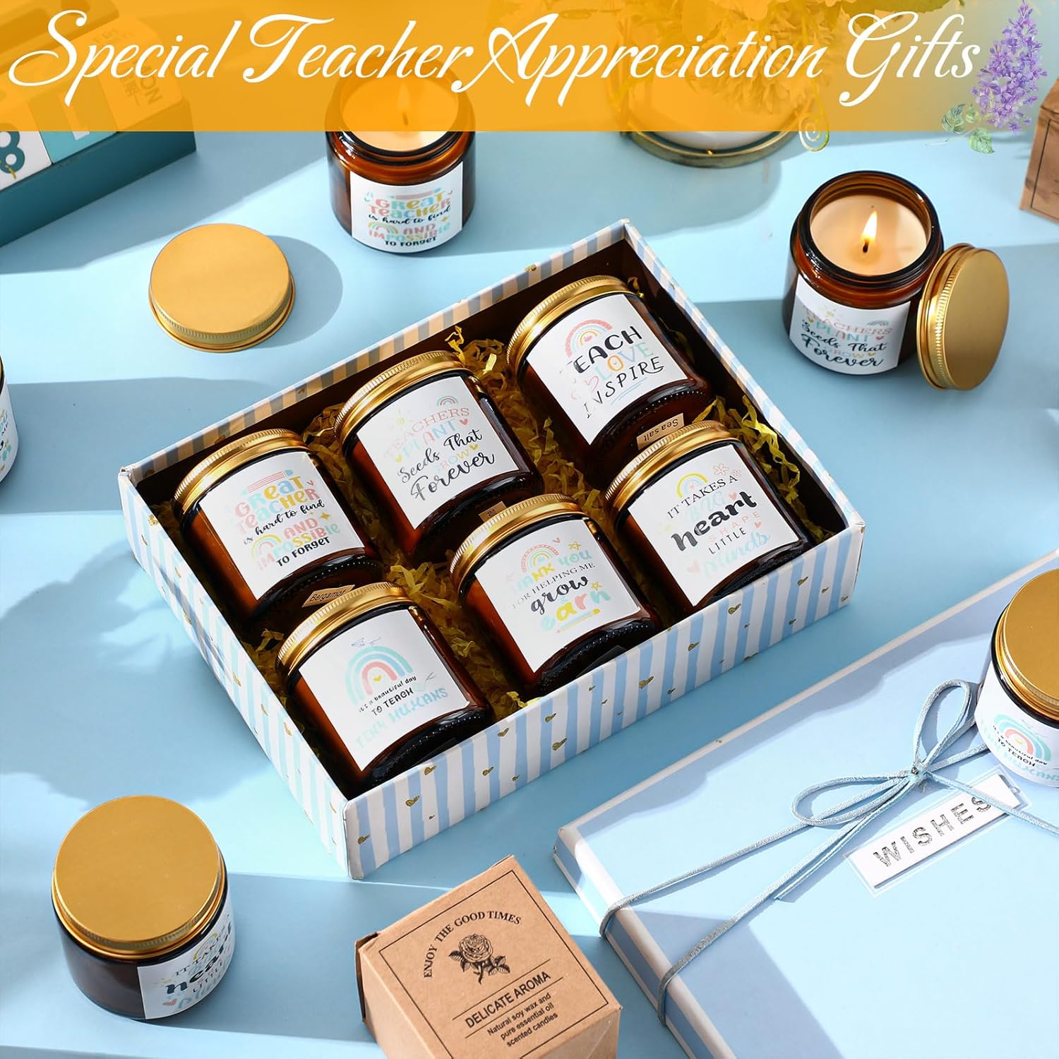 12 Pcs Teacher Appreciation Gift Bulk 3.5Oz Scented Soy Wax Fragrance Thank You Candle Aromatherapy Jar Inspirational Candle For Thank You Teacher Back To School Gift, 12 Style (Rainbow,Brown)