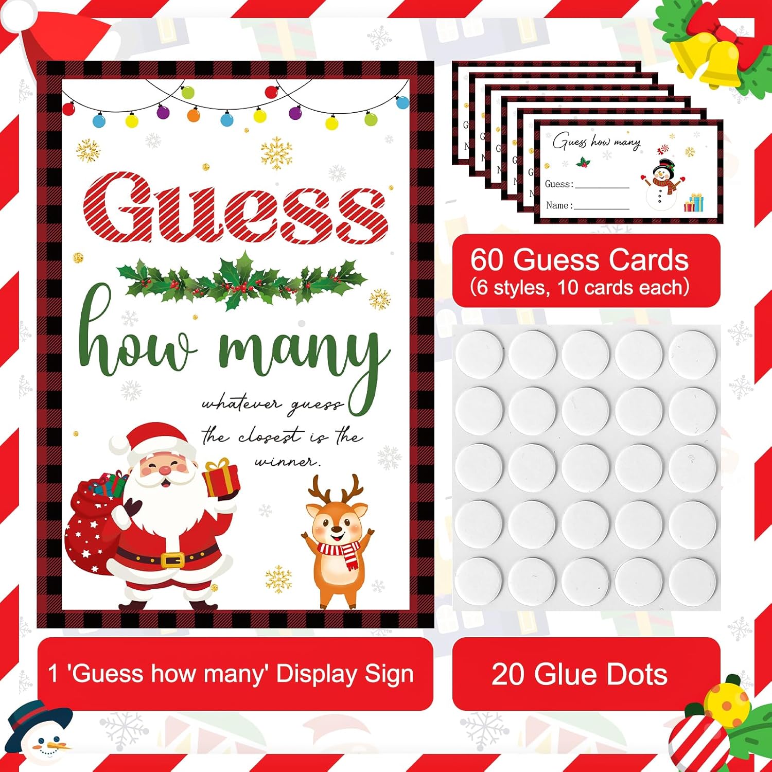 Christmas Games For Family Adults Office Large Groups Party, Xmas Guess How Many Game, Winter Families Classroom Activities With Guesses Cards - 60 Players (Xmas)