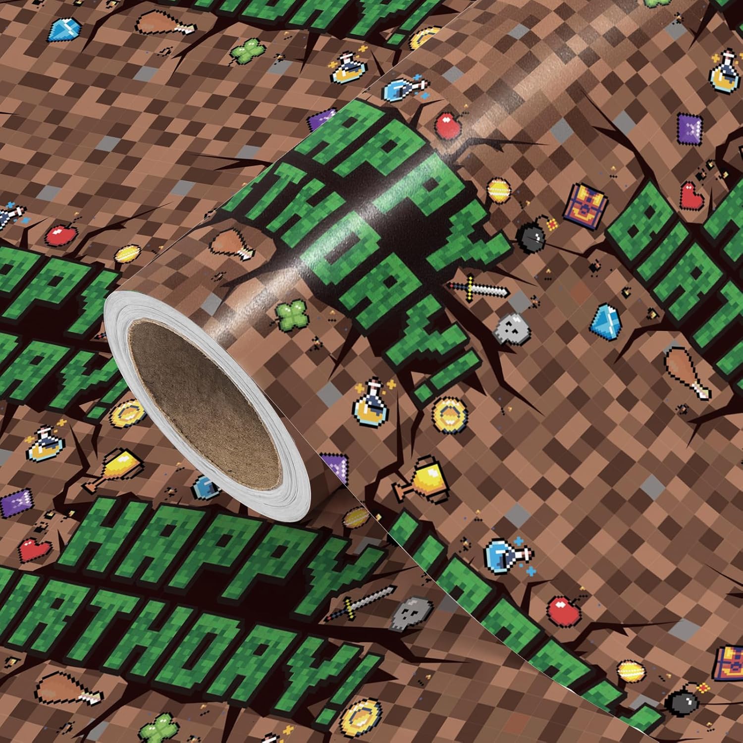 Birthday Wrapping Paper Roll - Mini Roll - 17 Inch X 9.8 Feet - Pixel Style Happy Birthday Video Game Wrapping Paper, Perfect For Boys, Game Lover, Baby Shower