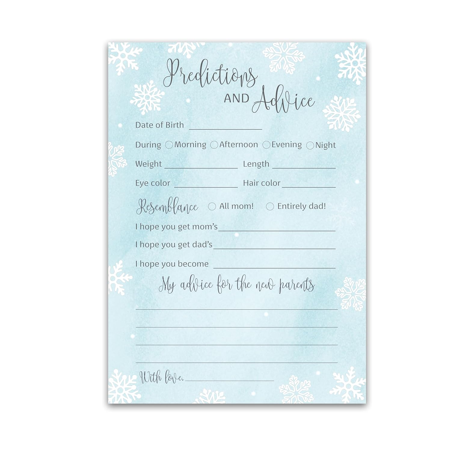 Snowflakes Prediction And Advice Cards - Pack Of 25 - Winter Wonderland Blue Boy Baby Shower Game, Wishes For Mommy & Daddy Message Baby It’S Cold Outside Activity Keepsake Frost Holiday G781-Pdav