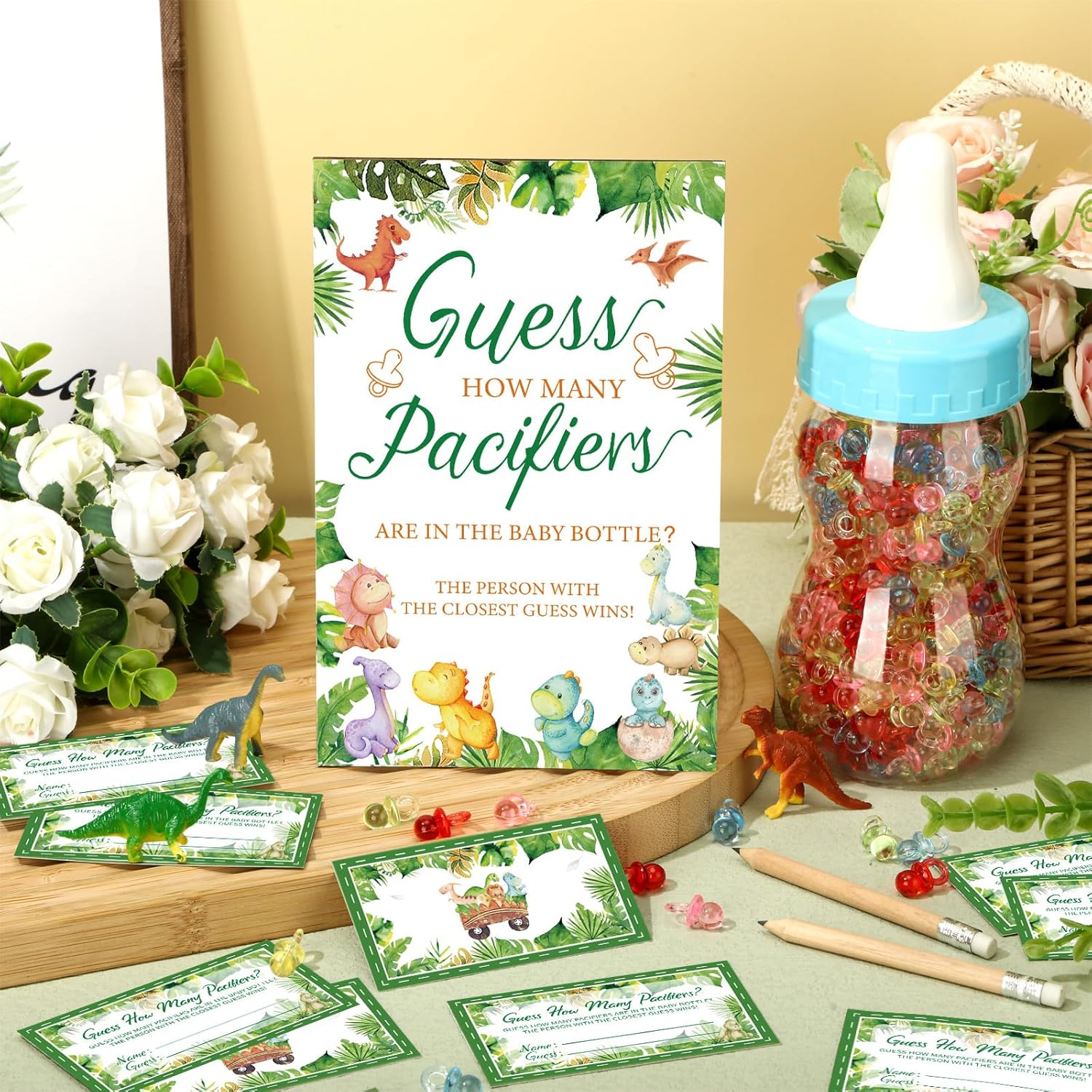 Dinosaur Baby Shower Game Guess How Many Pacifiers Games Sign 50 Small Guessing 20 Hb Pencils 750 Ml Milk Bottle 400 Acrylic Pacifiers Decorations Guests Gender Reveal Party Favors