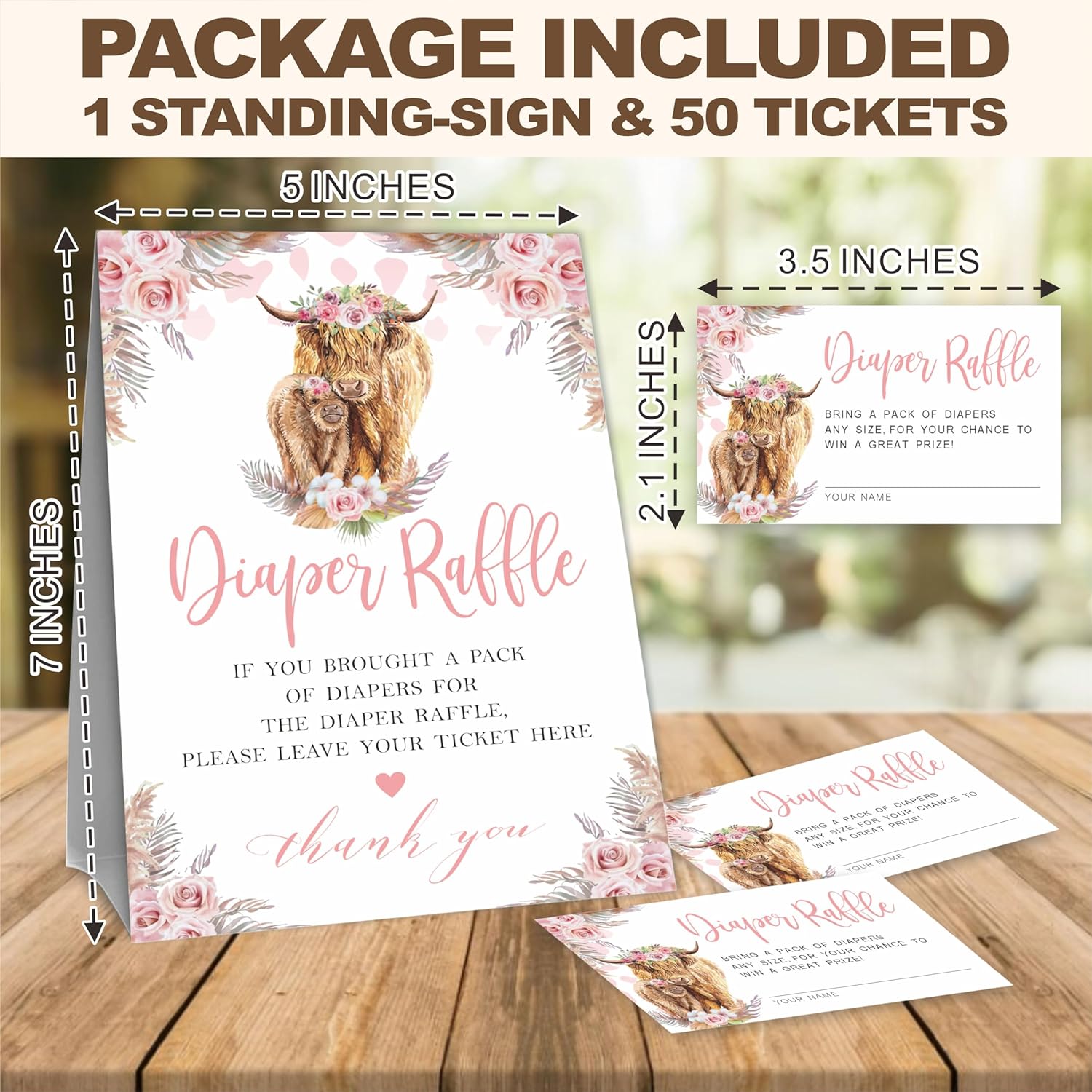 Boho Holy Cow Baby Shower Diaper Raffle Game Set, Watercolor Floral - 1 Standing Sign & 50 Raffle Tickets, Baby Shower Game Kit, Gender Reveal Party Supplies - A14