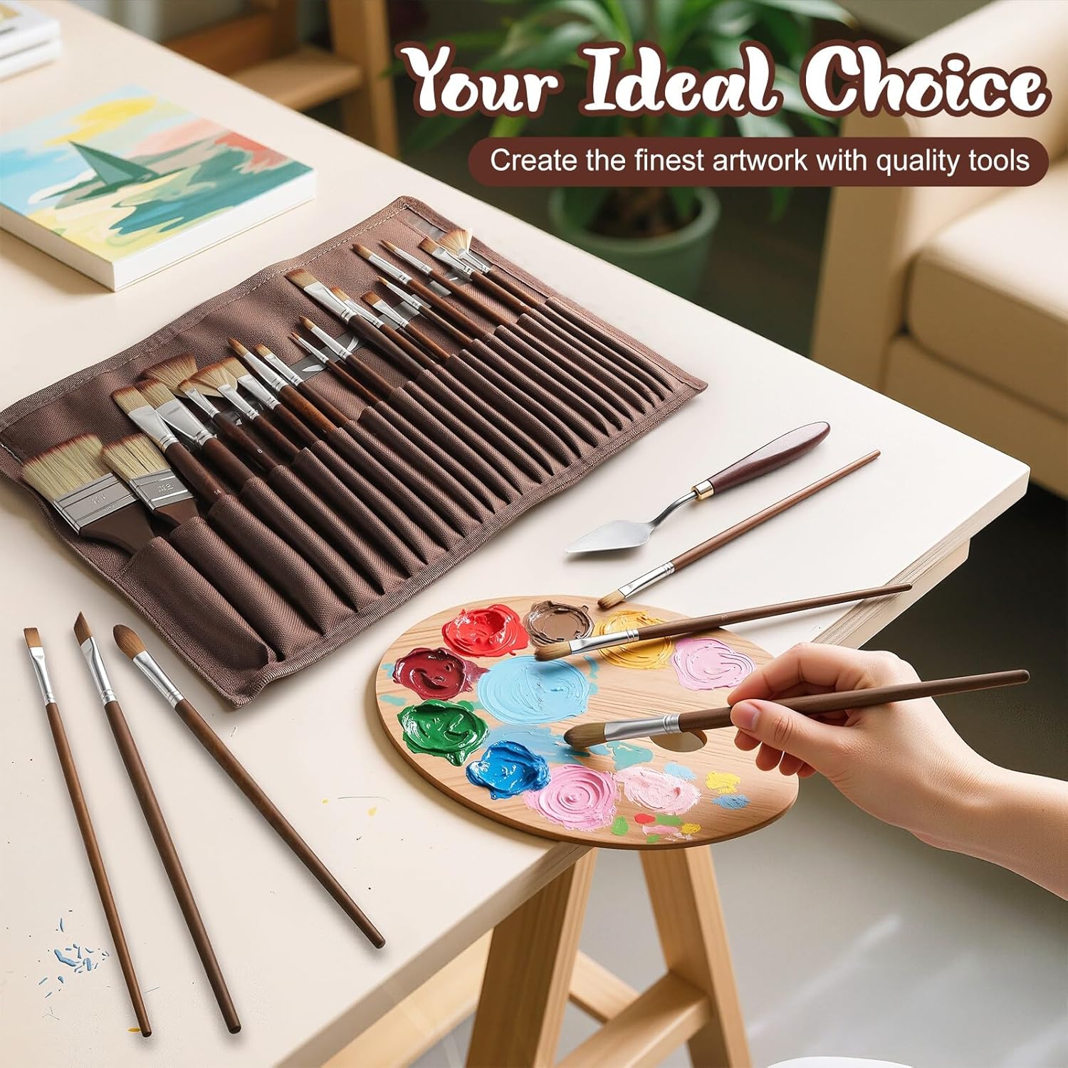 25 Pcs Paint Brush Set For Acrylic Painting,Oil Paint Brushes Soft Elastic Bristles With Excellent Paint Pickup, 2 Flat Brushes, 1 Palette Knife + Fabric Storage Bag