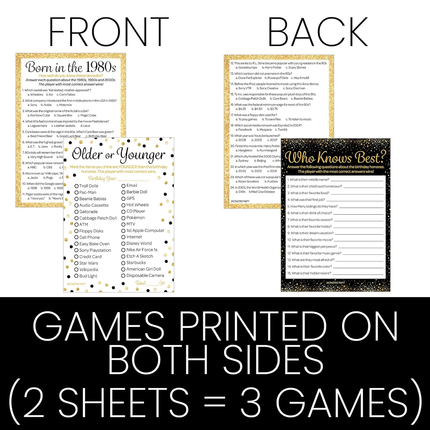 Black And Gold 40Th Birthday Game Bundle - Set Of 3 Birthday Party Games For 20 Guests, Born In The 1980S Theme