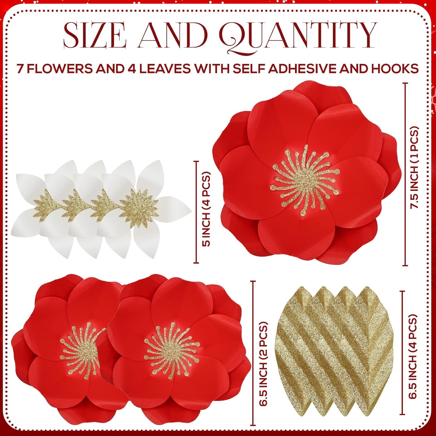 Christmas Paper Flower Set Of 11 – Red & Gold Shiny Cardstock 3D Flowers With Hook & Sticker – Dual Hanging Styles – Elegant Wall & Door Decor – Perfect For Holiday, Party & Home Decoration