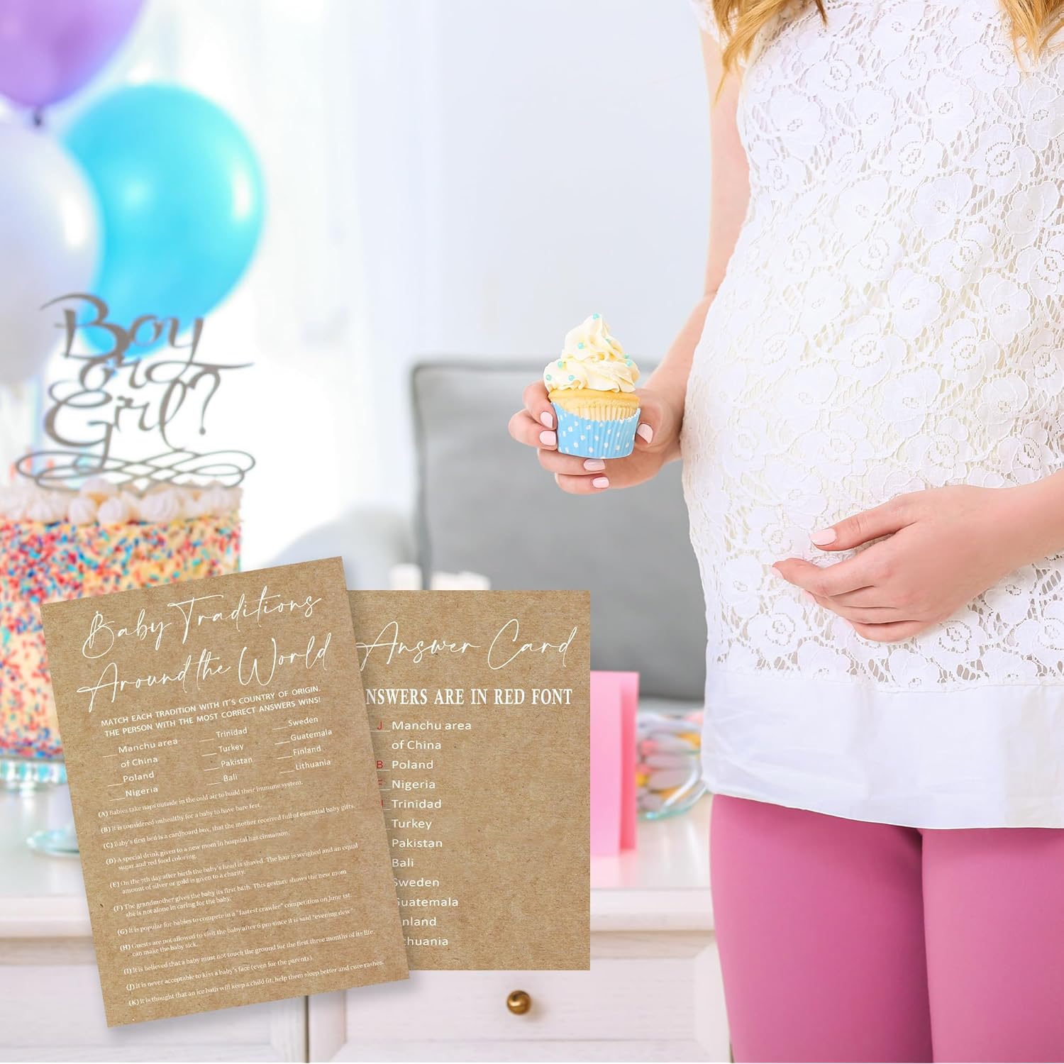 Kraft Paper Baby Shower Game, 30 Baby Traditions Around The World Game Cards With 1 Answer Card, For Baby Boy Or Girl, Gender Reveal, Baby Shower Game Activity, Party Favors And Decorations-14