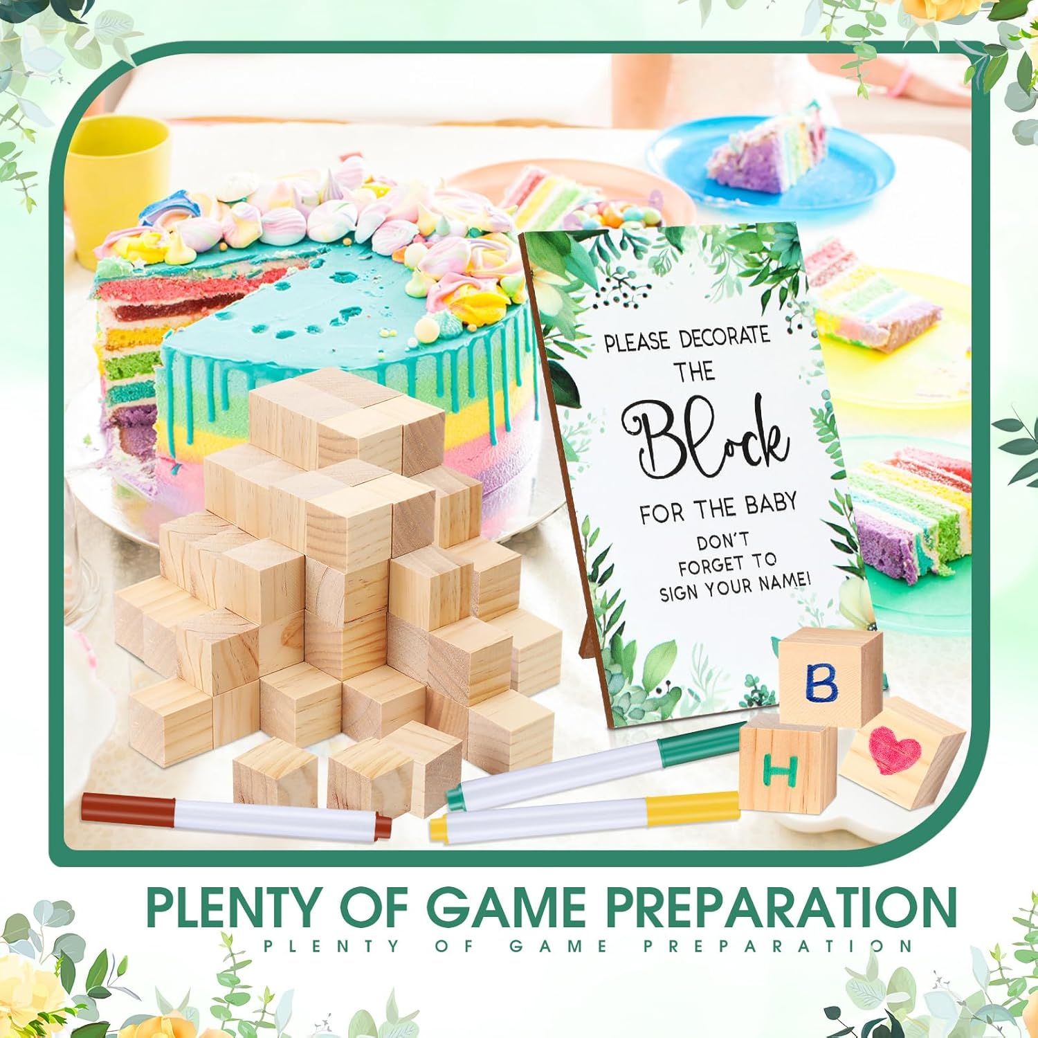 117 Pcs Baby Shower Block Games Sign Kit Including Baby Shower Game Sign 80 Diy Blank Wooden Blocks 36 Acrylic Markers For Guests Party(36 Colors,Leaves)