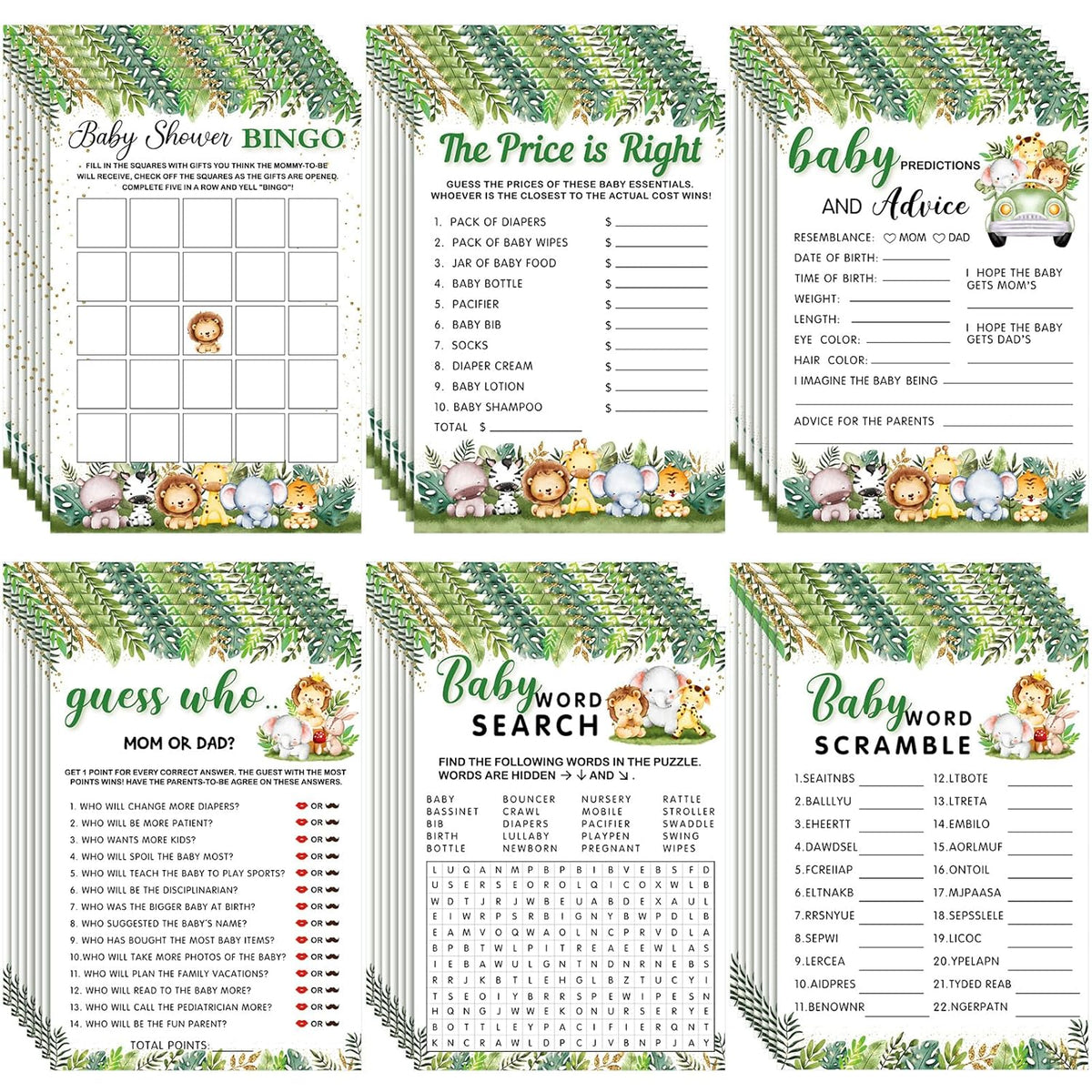 302 Pcs Safari Animal Theme Baby Shower Games, 6 Games, 50 Sheets Each, Shower Party, Word Scramble, Baby Word Search, Predictions And Advice, The Price Is Right