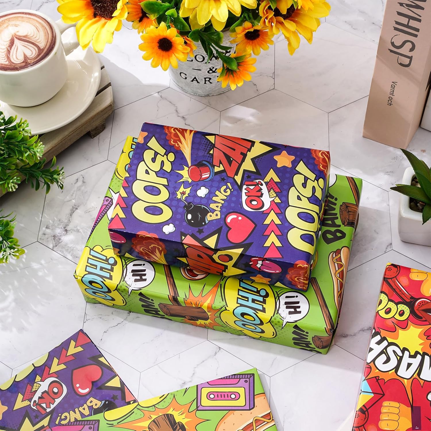 12 Sheet Comic Wrapping Paper -Not Roll- Colorful Cartoon Boom Gift Wrap Paper Folded Flat Art Paper For Diy Crafts Gift Wrapping, 19.7 X 27.6 Inch