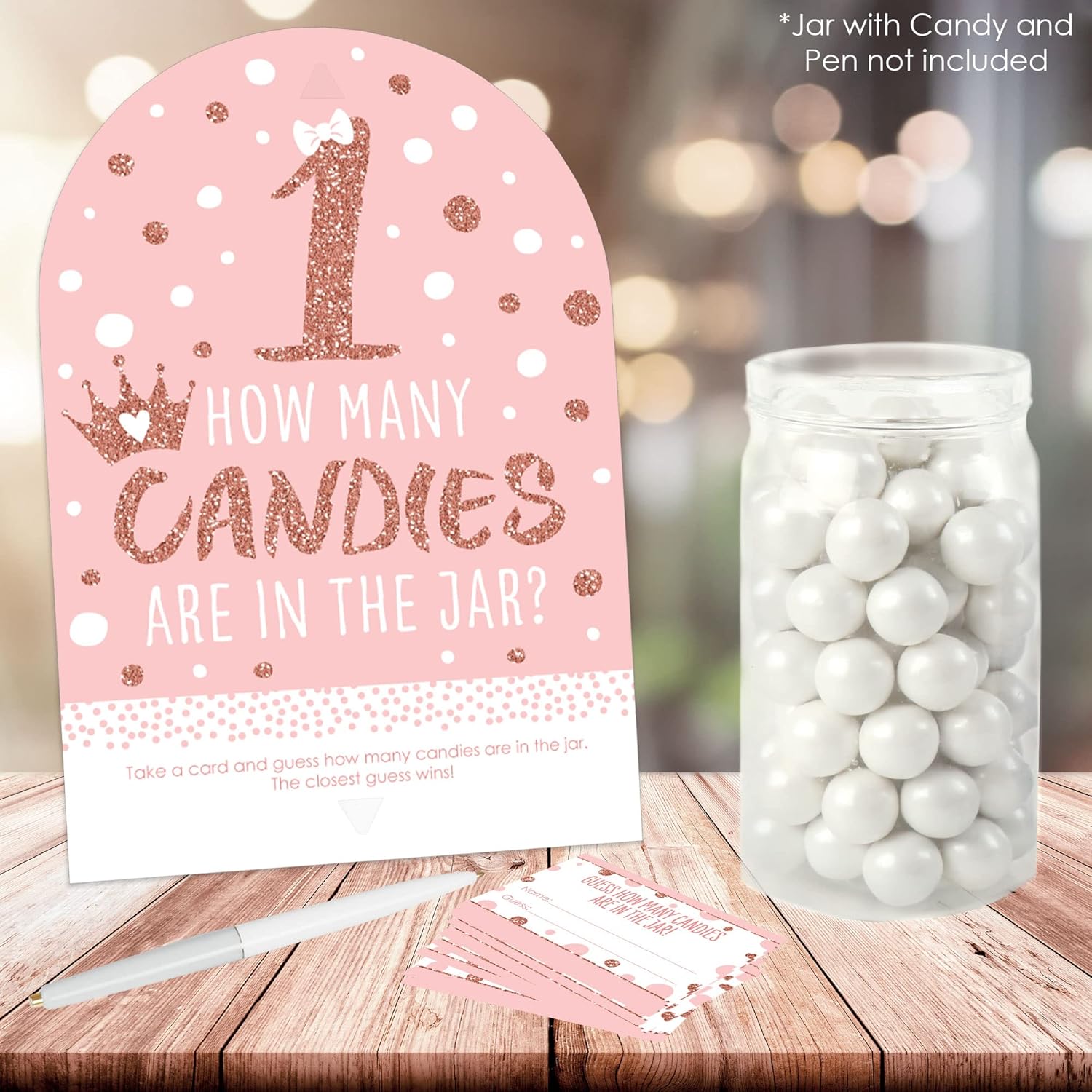 Big Dot of Happiness 1st Birthday Little Miss Onederful - How Many Candies Girl First Birthday Party Game - 1 Stand and 40 Cards - Candy Guessing Game