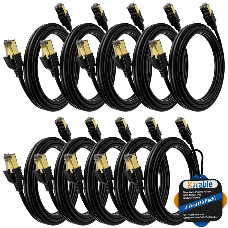 Cat 7 Ethernet Cable 4 Feet (10 Pack), Multi Pack High Speed Internet Cord, Ca