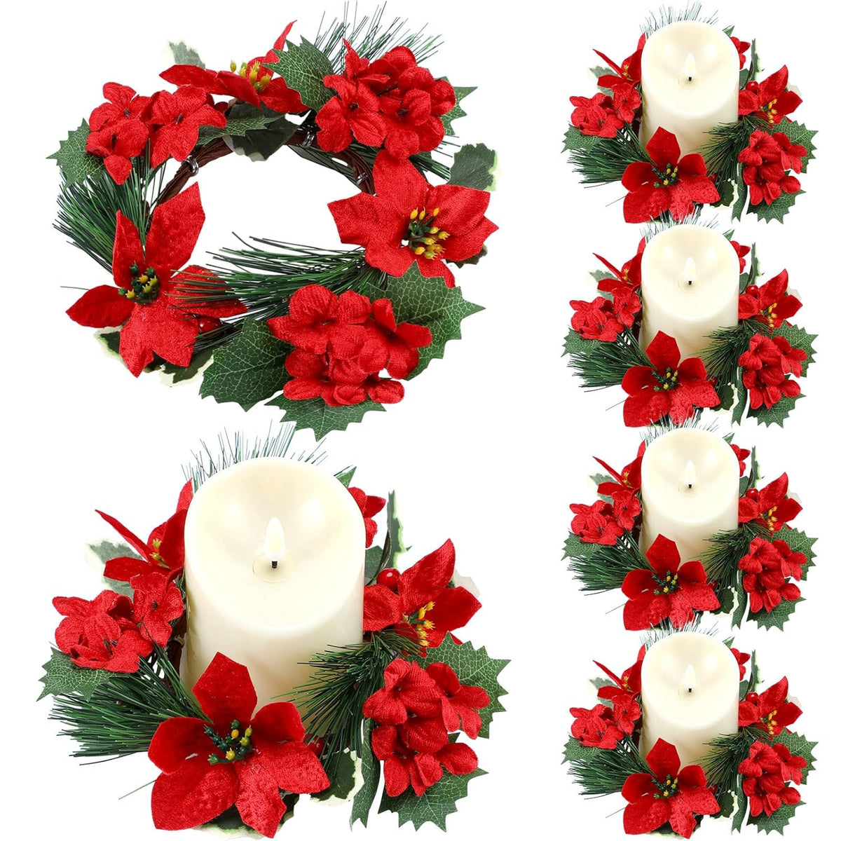 6 Pcs Christmas Candle Rings Artificial Red Poinsettia Candle Rings Christmas Table Centerpieces Decorations For Home Xmas Holiday Party Table Centerpiece