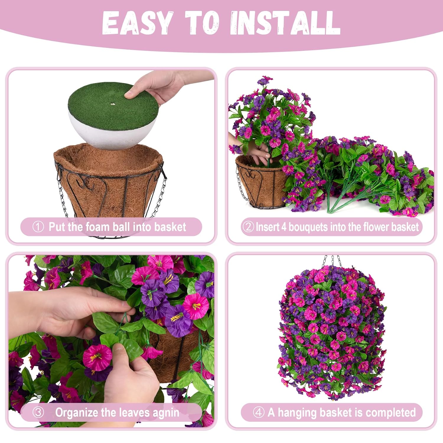 Artificial Flowers With Hanging Basket, Outdoor Faux Plants Silk Morning Glory Vines, Fake Green Arrangement For Garden Patio Spring Summer Decor(Purple Red Violet)