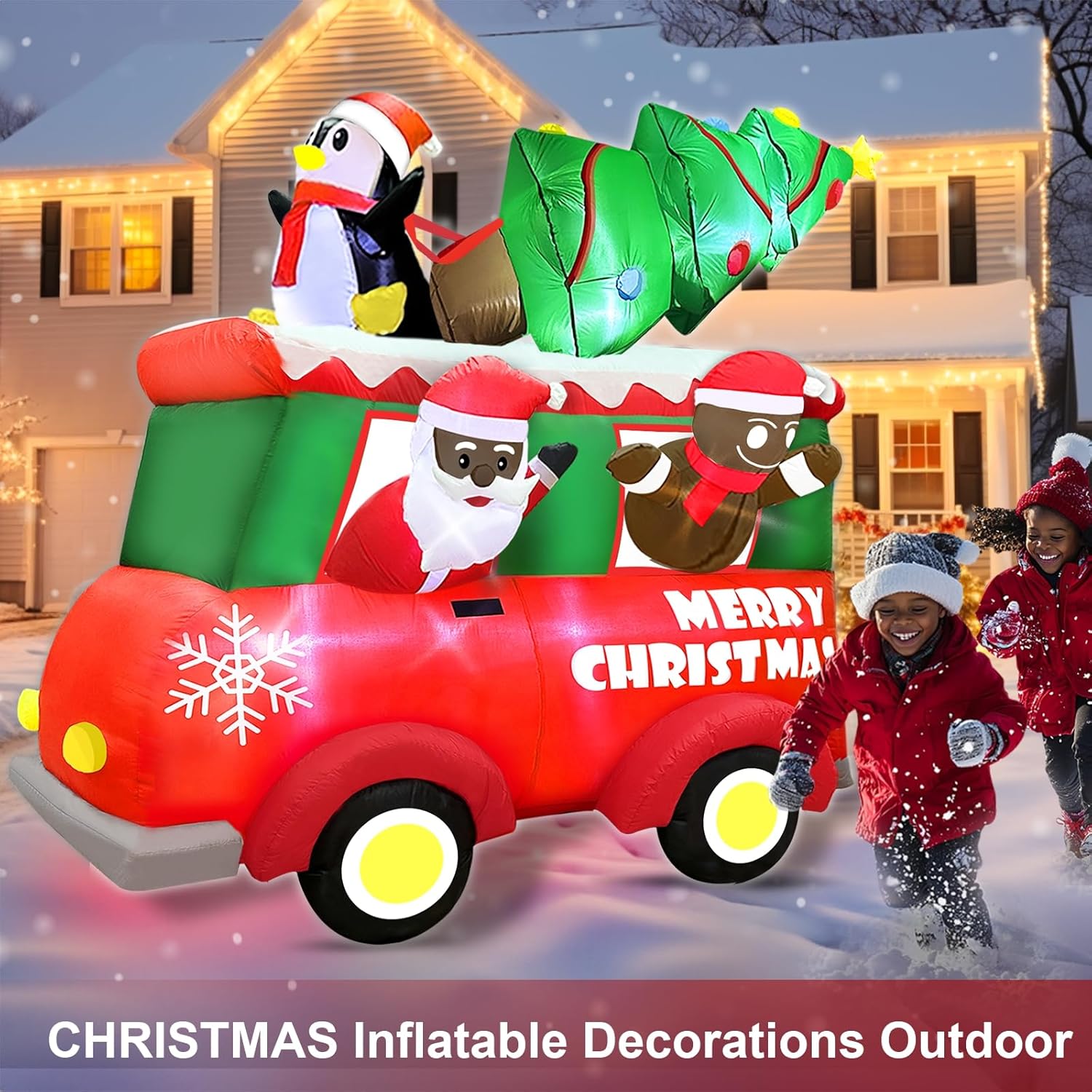 8 Ft Tall 8 Ft Long Giant Christmas Inflatable Black Santa Claus In Truck Outdoor Decoration With Gingerbread Penguin Xm