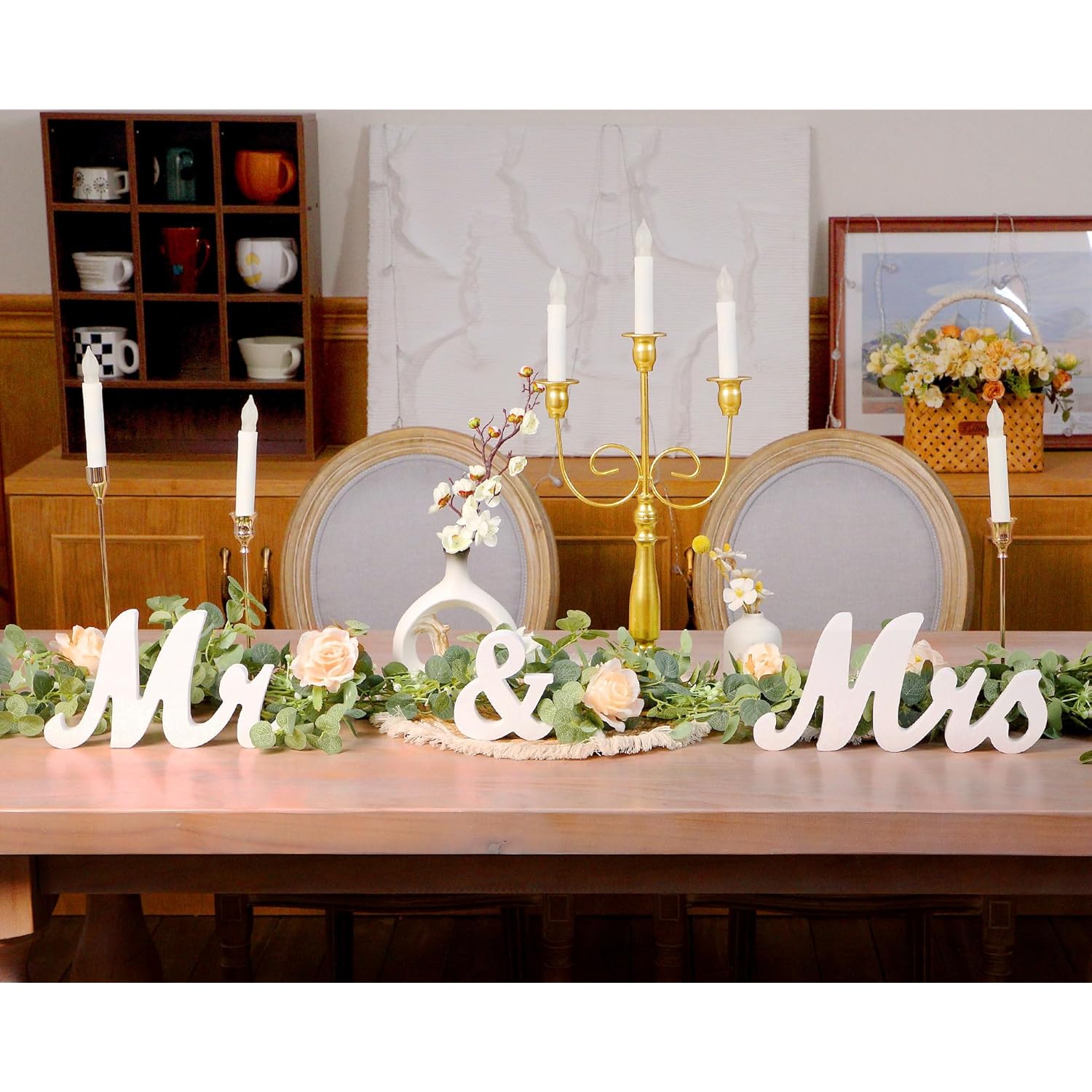 2Pcs Large White Mr & Mrs Sign For Wedding Table With 5.91Ft Artificial Flowers Garland, Wedding Centerpieces Wooden Bride And Groom Table Decorations For Engagement Decor (Champagne Rose)