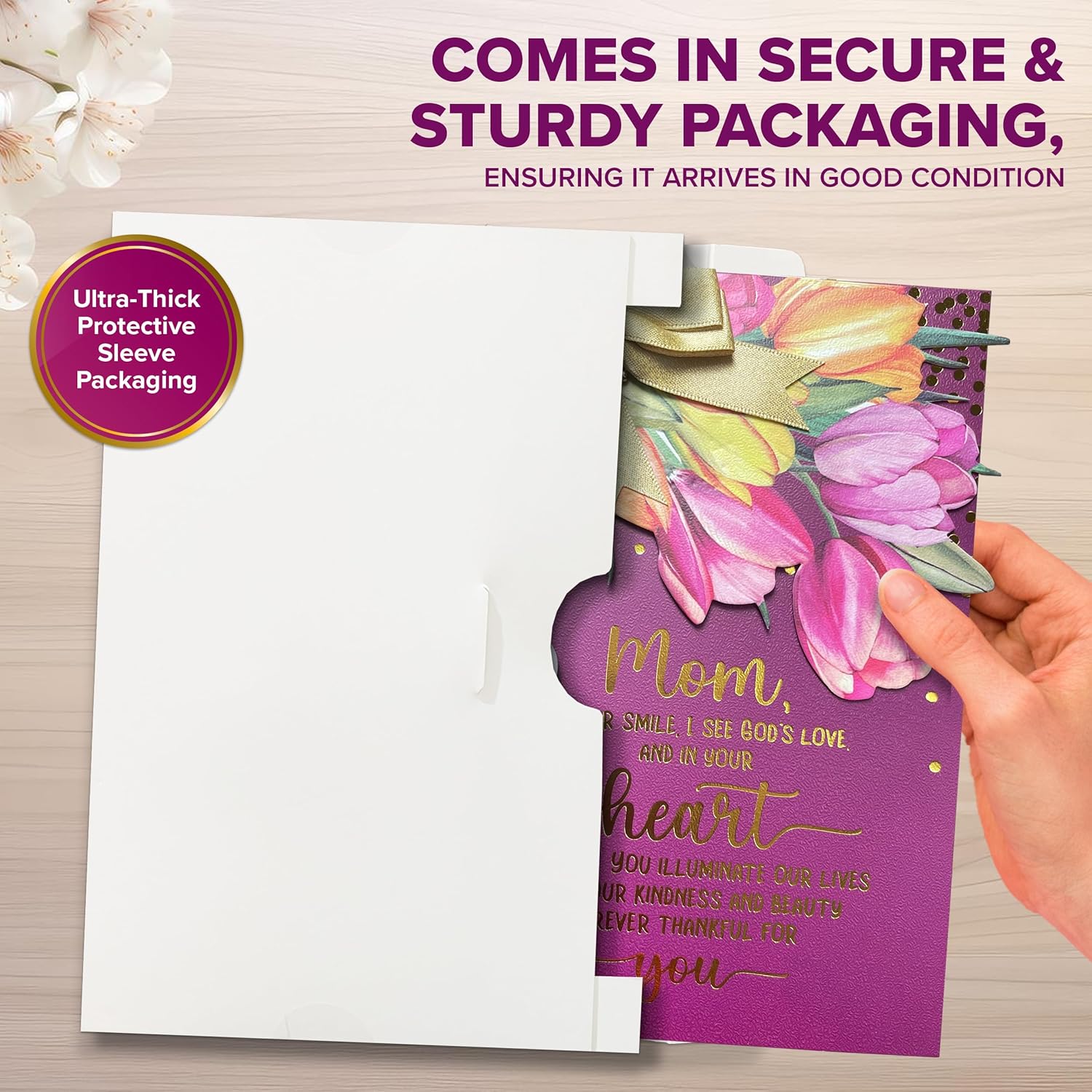 Gold Foiled 5X7In Handmade Individual Happy Mothers Day Card Religious With Tulip Cutout, Ribbon & Die-Cut Heart With Envelope & Stickers For Moms, Grandmas, Printed Message, Gifting