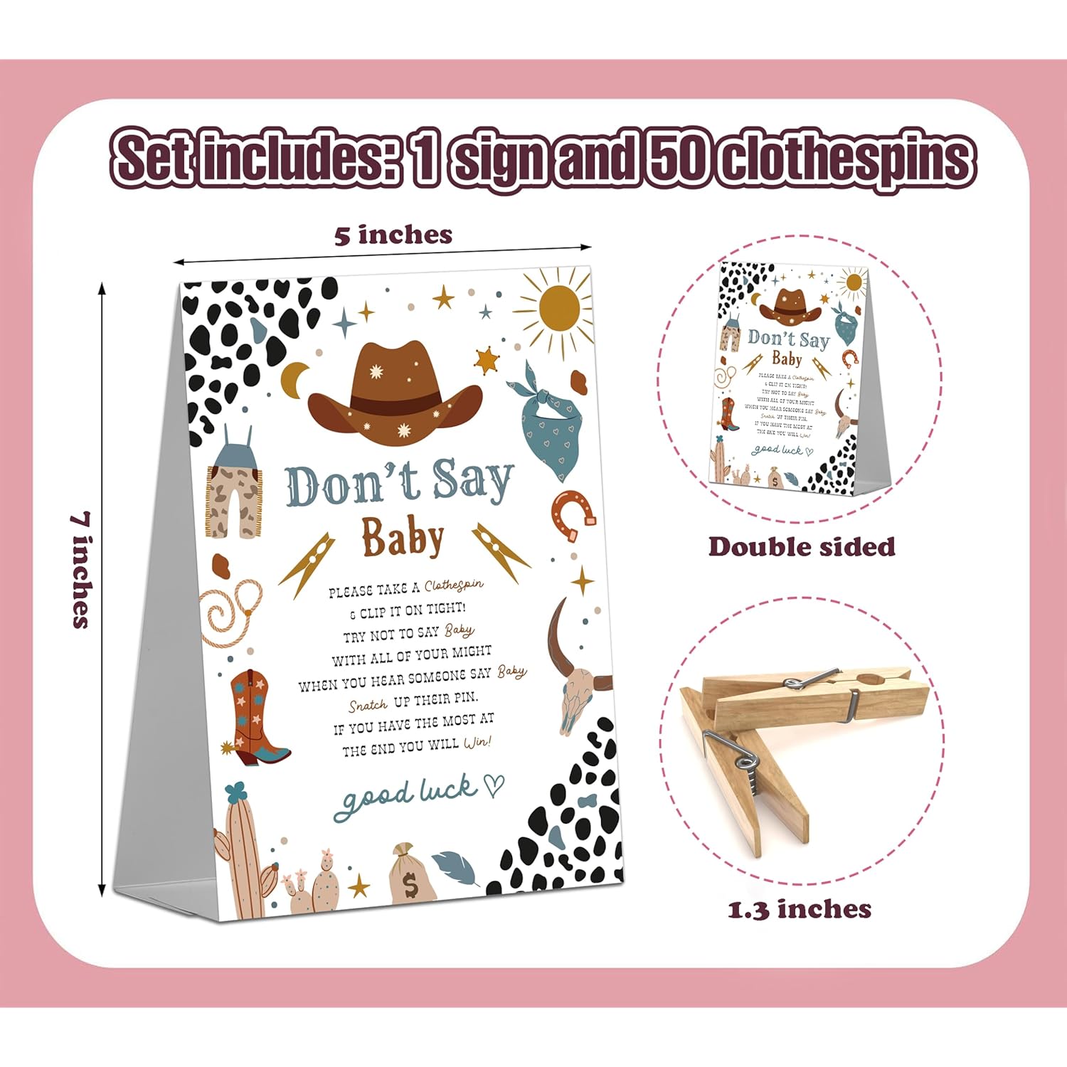 Cowboy Baby Shower Game Sign (1 Sign + 50 Mini Clothespins) For Gender Reveal Party Decorations And Favors