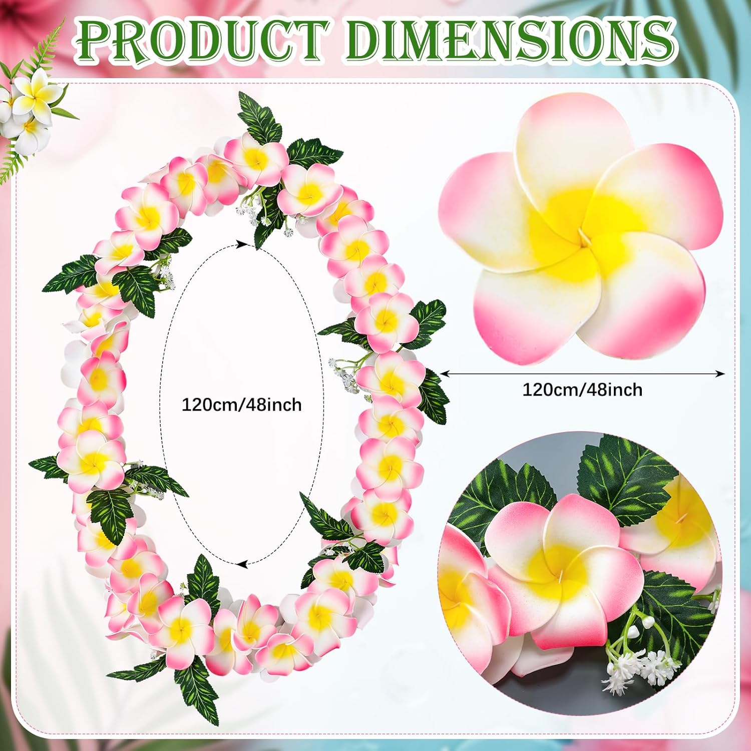 Pink Hawaiian Plumeria Leis For Adults 48" Tropical Hawaiian Graduation Leis For Luau Party Artificial Plumeria Flower Necklace For Hula Dance Wedding Summer Beach Party Favors Supplies