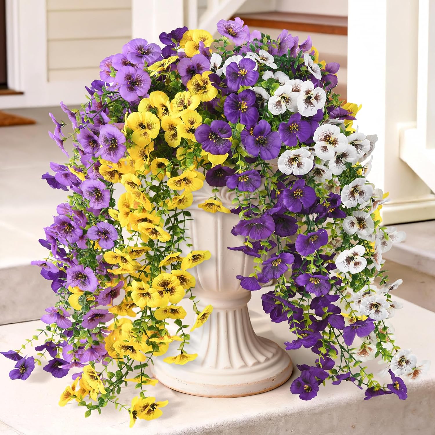 Fake Artificial Flowers For Outdoors, 4 Pcs Faux Hanging Pansy Flowers Spring Summer Decor, Uv Resistant Fake Plants Silk Flower For Planter Front Door Porch Patio Yard Garden(Purple Yellow White)