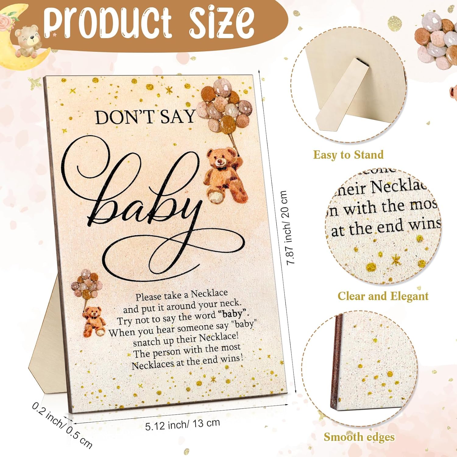 51 Pcs Cool Baby Shower Game Wooden Bear Sign Gift Sets 50 Baby Shower Pacifiers Necklace Acrylic Pacifier For Gender Reveal Party Favor(Brown)