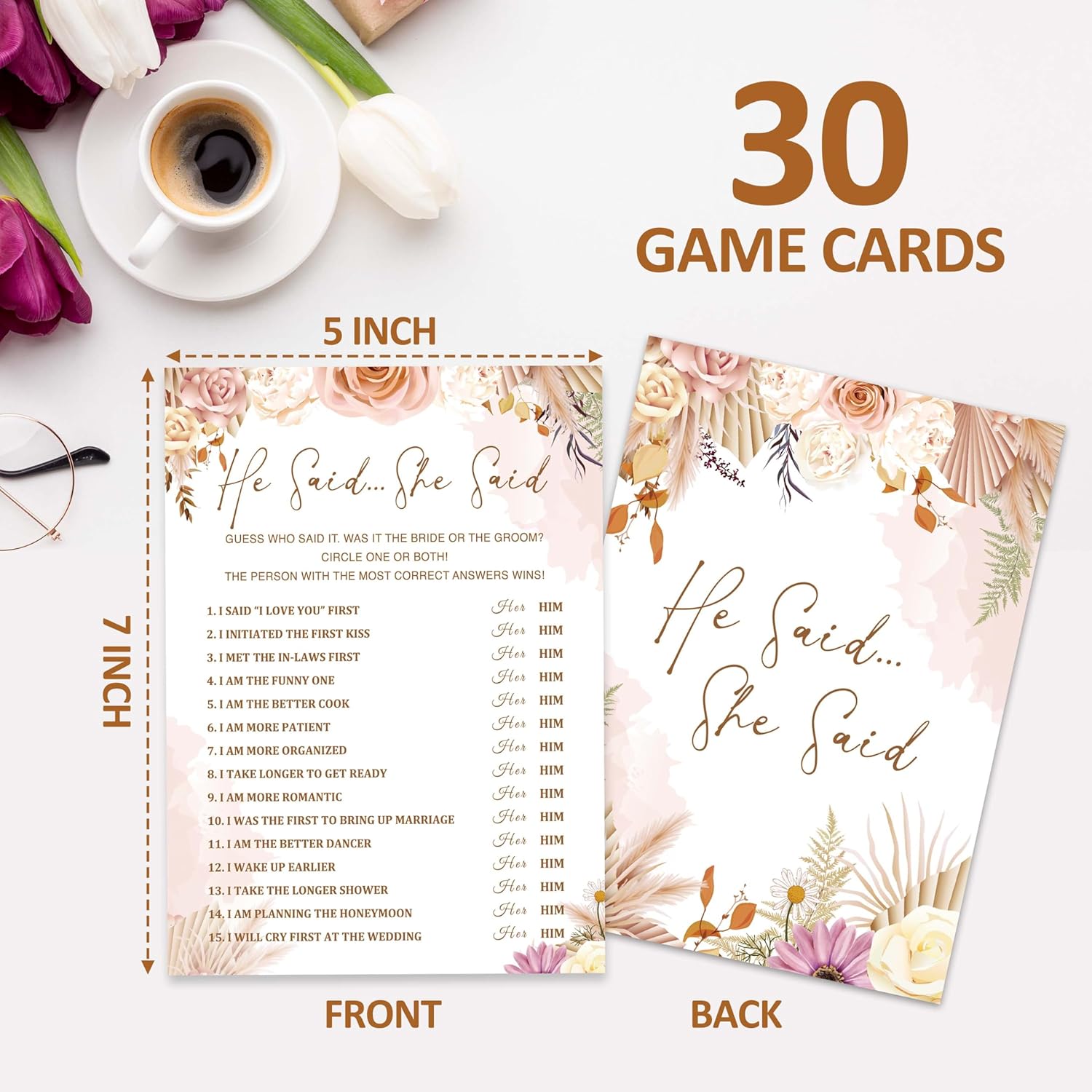 Boho Bridal Shower Game Set - He Said She Said Bohemian Wedding Shower Games Cards - 30 Pack Pampas Grass Engagement Party Decorations - Fall Floral Bachelorette Party Ideas And Activities -05