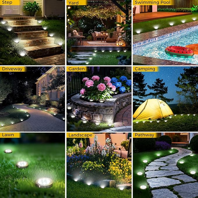 6 Pack Mini Solar Ground Lights 8 LED Cool White IP65 Waterproof Flat Disc Pathway Lights