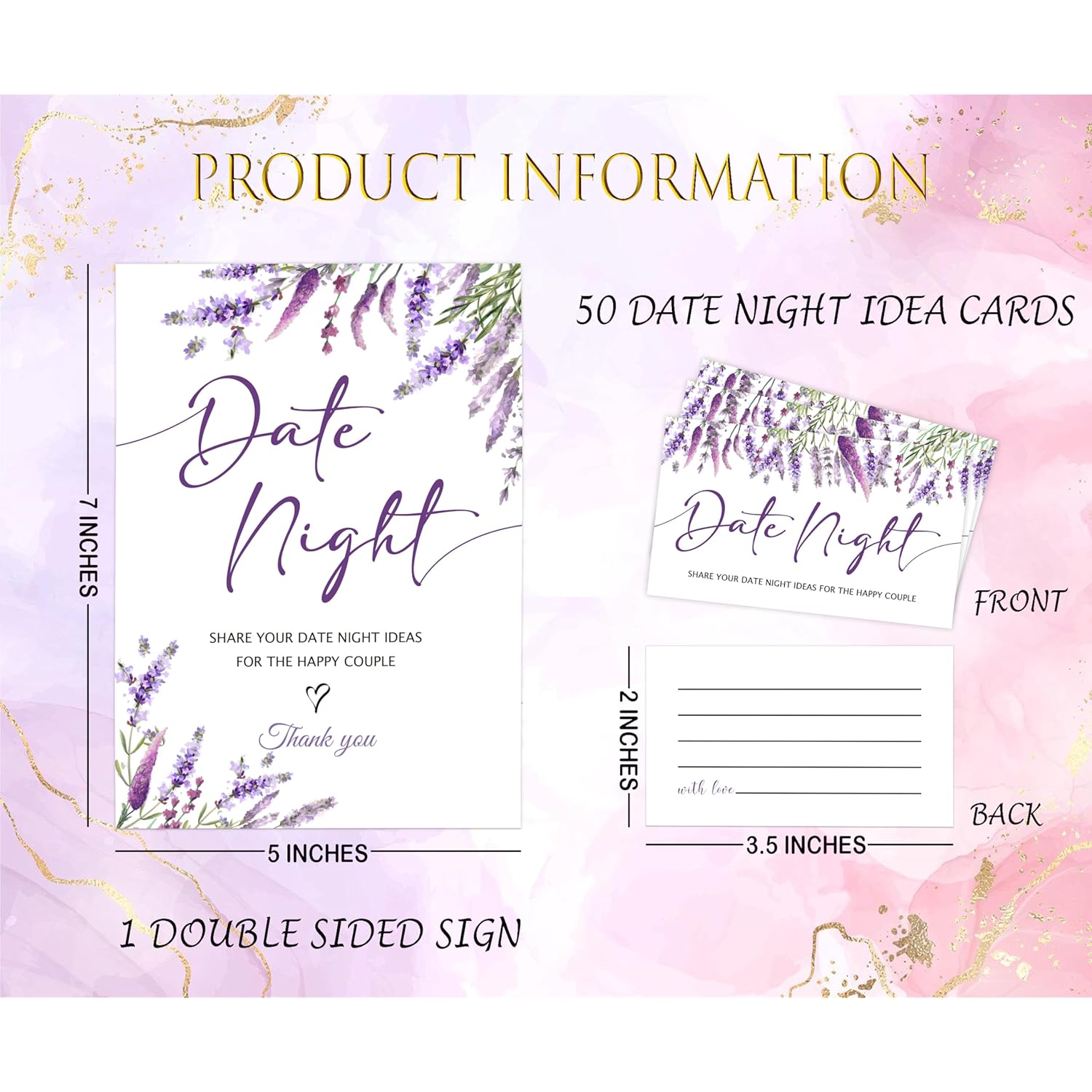 Lavender Purple Date Night Game, Date Night Ideas Sign With 50 Cards, Bridal Shower Game, Modern Bridal Shower Decorations, Wedding Date Night Advice - 09