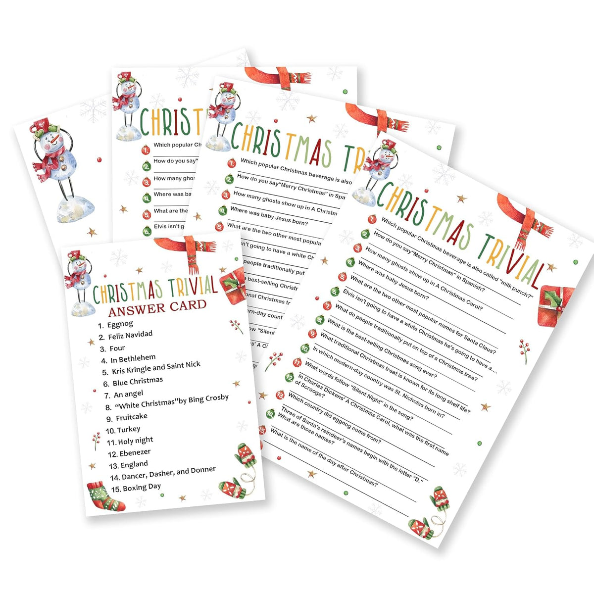 Christmas Trivial Party Game Card Set - 20 Christmas Game Cards With 1 Answer Card - Funny Holiday Activity For Family Adults & Teens - Xmas Party Decoration & Supplies(Snowman Sock)- A02
