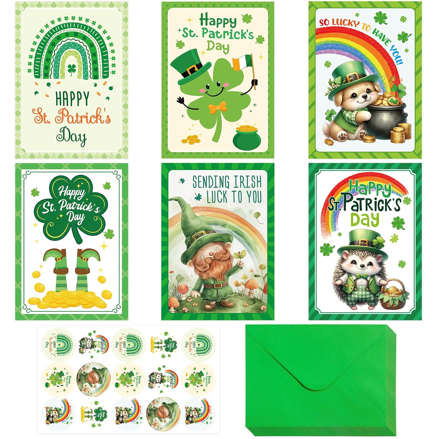 Treasure Cove St Patricks Day Cards Green Cartoon Animal Greeting Card with Envelopes and Stickers for Irish Holiday Supplies Party Favors 12Pcs